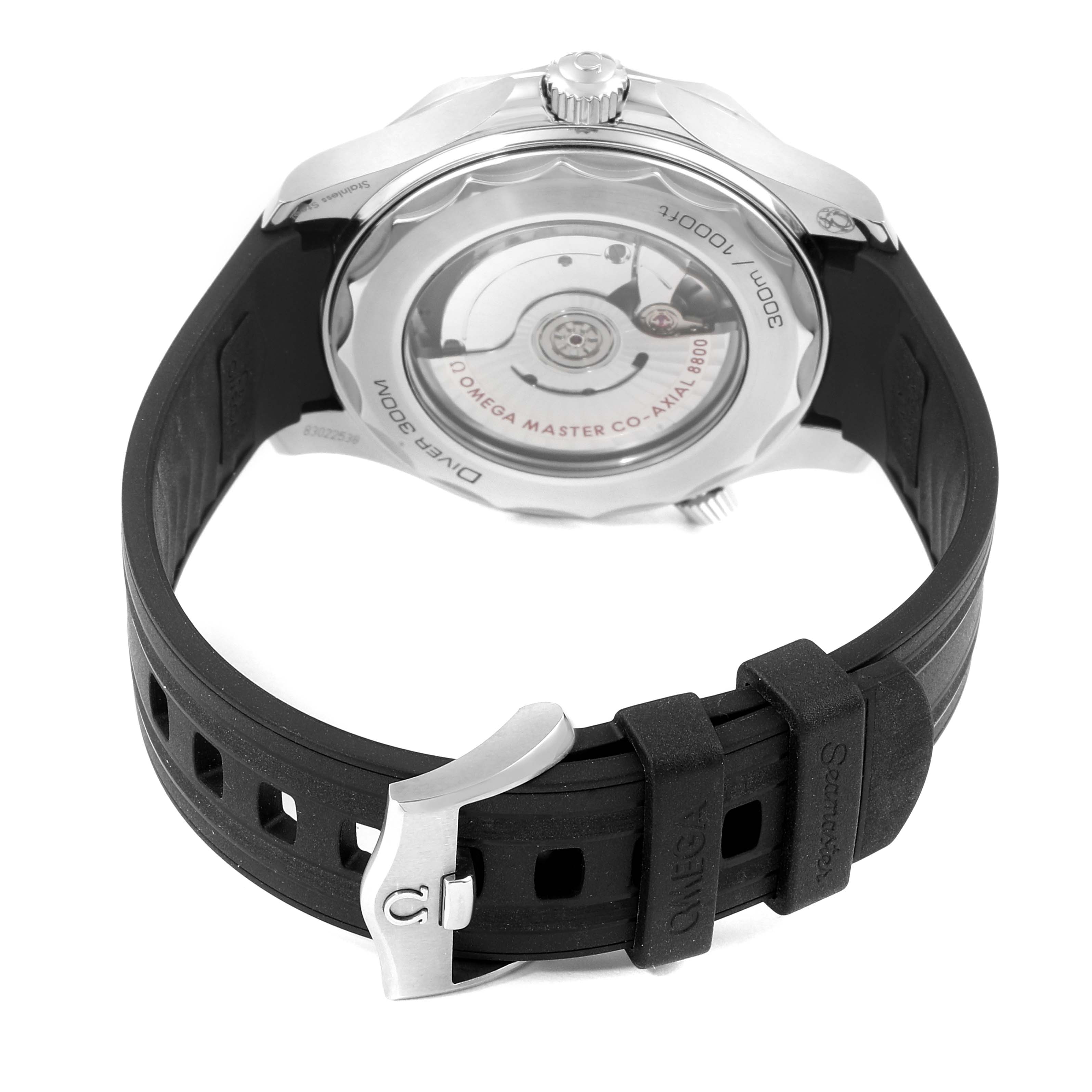 This image shows the back of the Omega Seamaster 210.32.42.20.04.001 Men
s Stainless Steel White Dial 210.32.42.20.04.001 Men
s Stainless Steel White Dial watch, displaying its movement and black rubber strap.