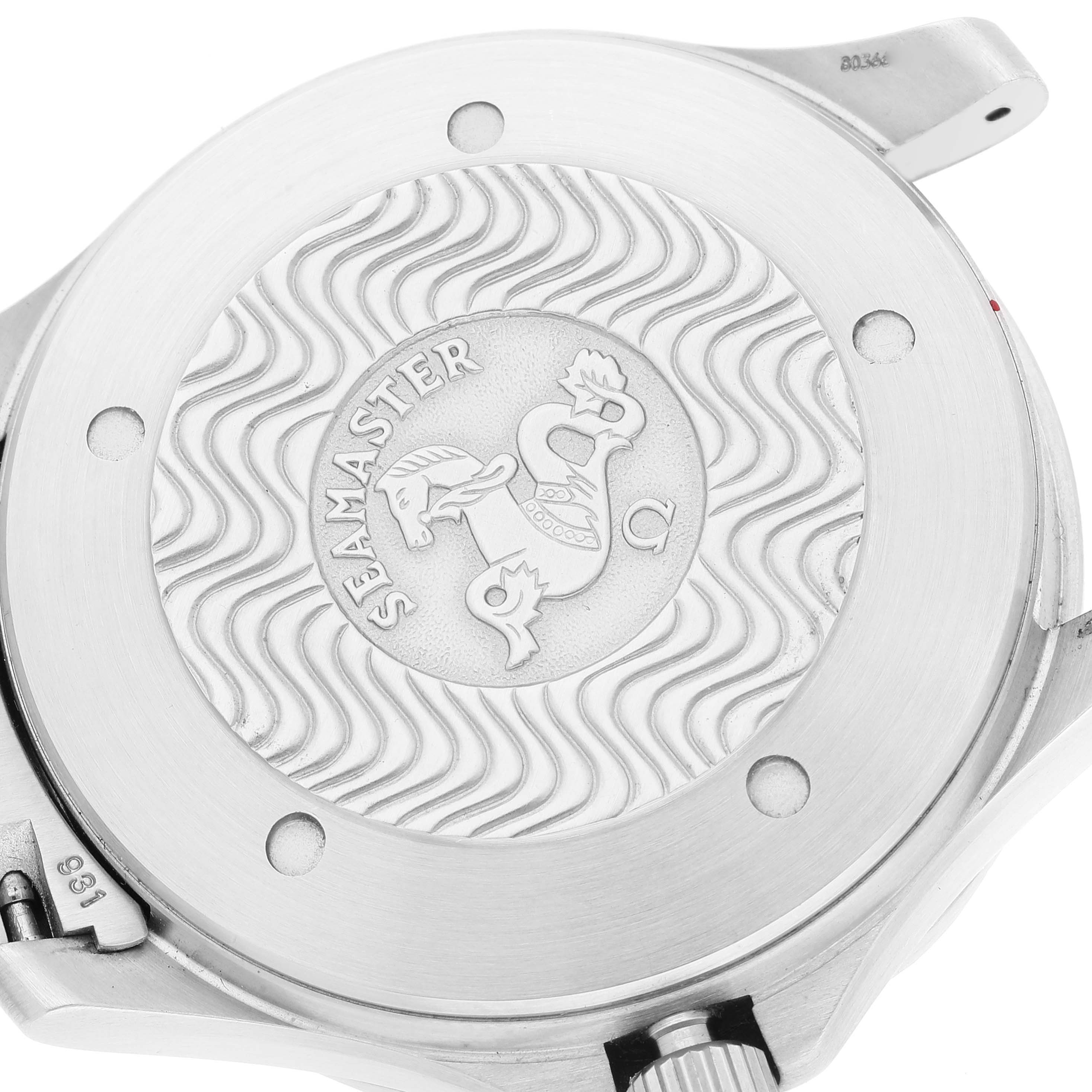 The image shows the case back of an Omega Seamaster 2538.20.00 Men's Stainless Steel White Dial 2538.20.00 Men's Stainless Steel White Dial watch from a slightly angled top view.