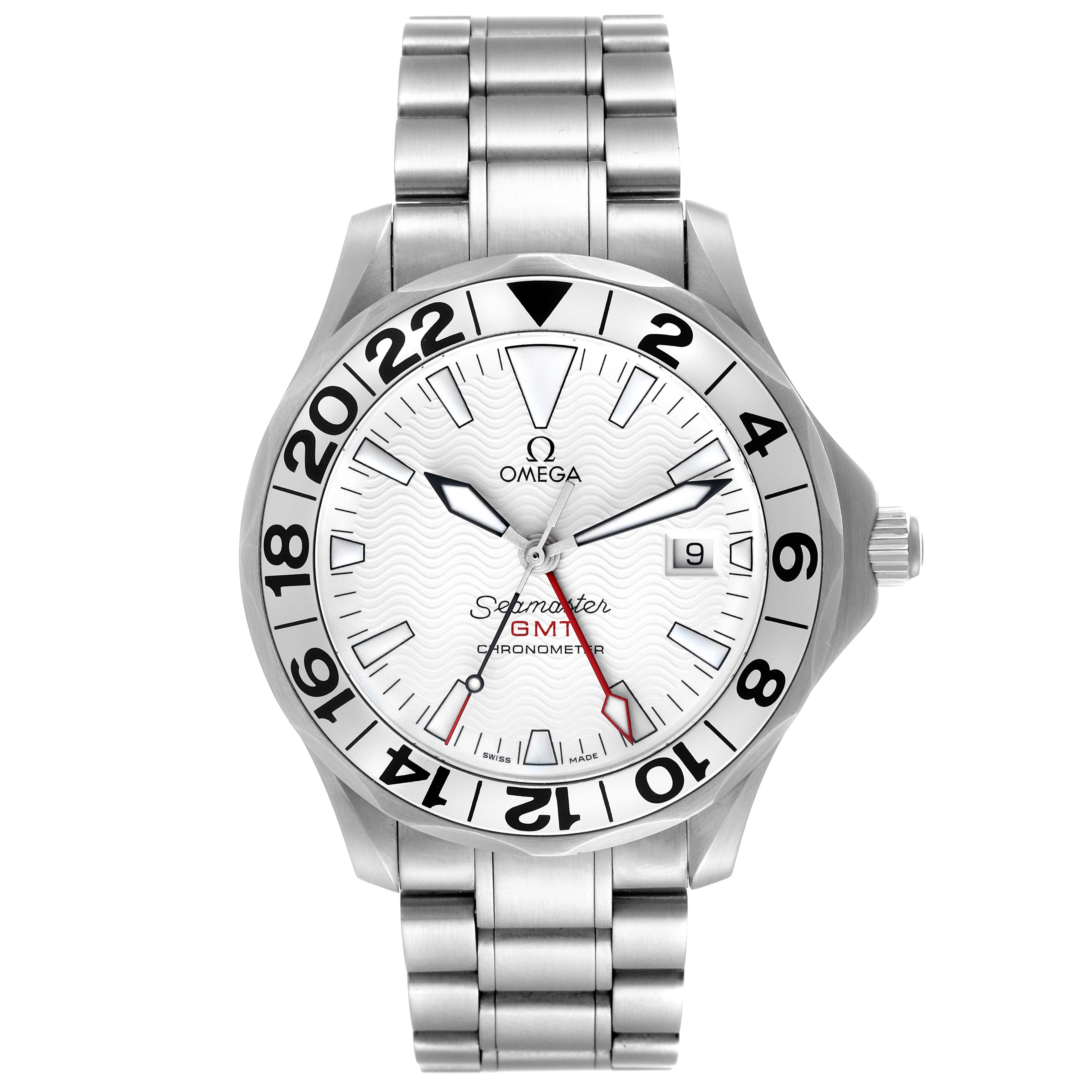 The image shows a front view of an Omega Seamaster 2538.20.00 Men's Stainless Steel White Dial 2538.20.00 Men's Stainless Steel White Dial GMT Chronometer watch, displaying its face, bezel, and bracelet.