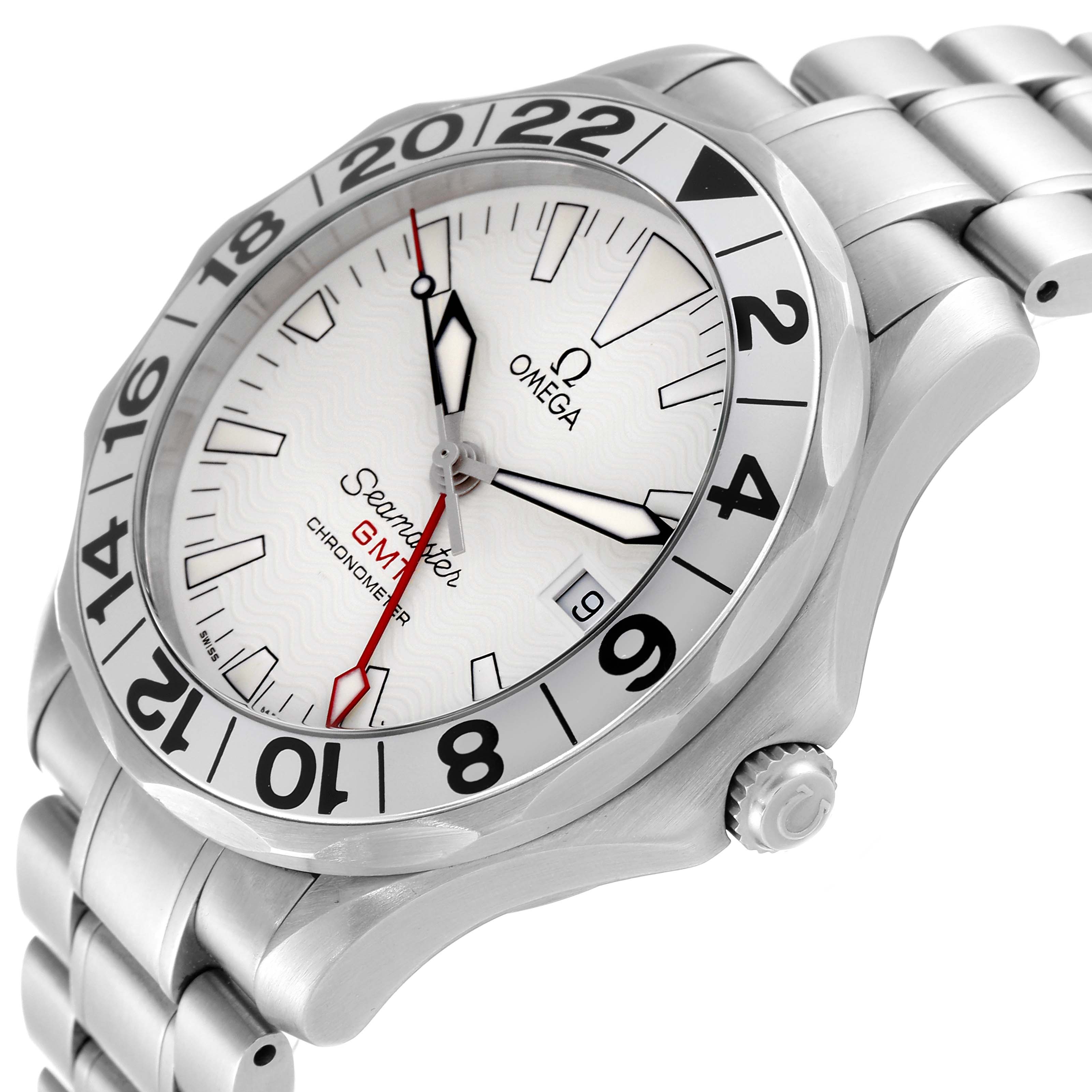 The Omega Seamaster 2538.20.00 Men's Stainless Steel White Dial 2538.20.00 Men's Stainless Steel White Dial watch is shown at a 3/4 angle, displaying its face, case, bezel, bracelet, and crown.