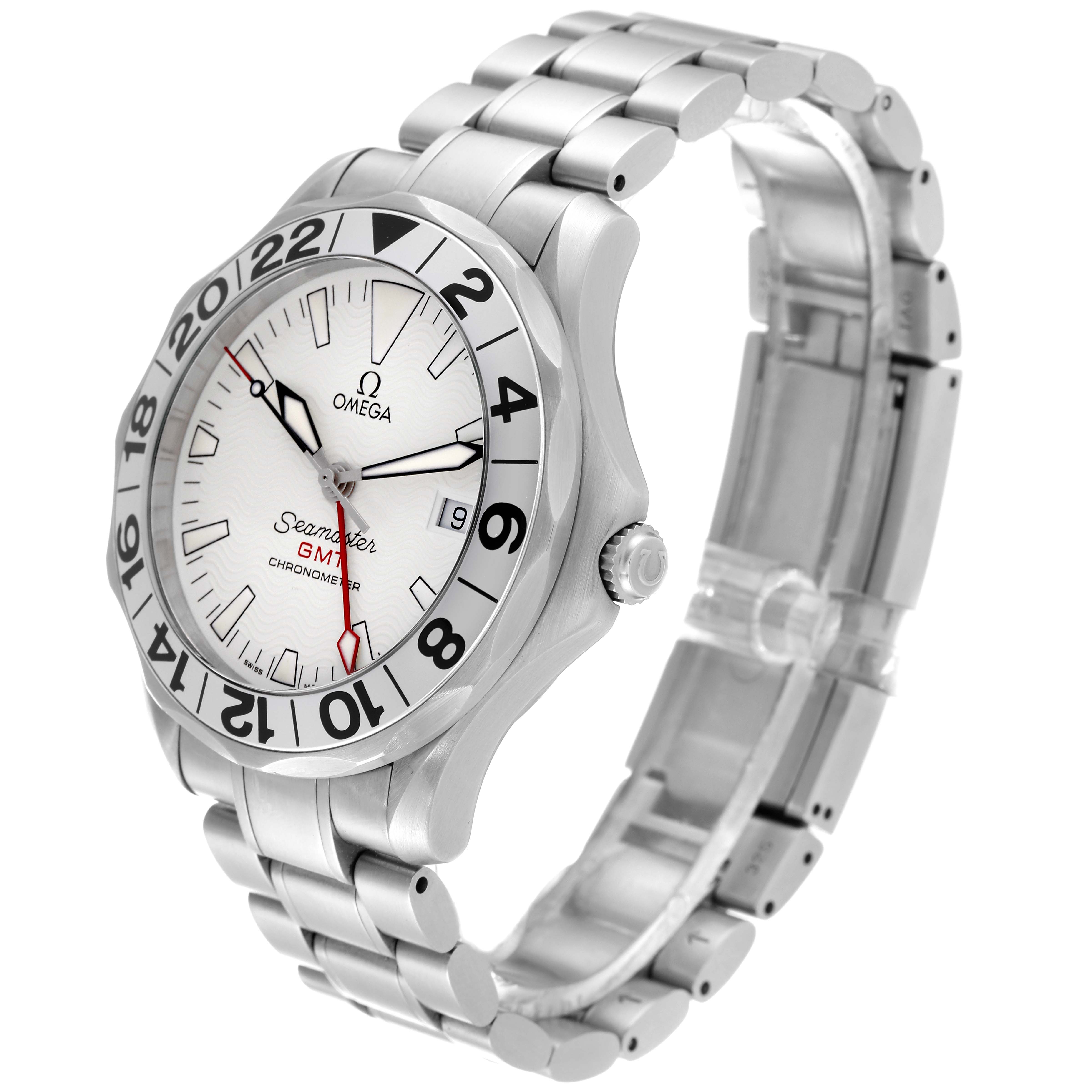 The image shows an angled view of an Omega Seamaster 2538.20.00 Men's Stainless Steel White Dial 2538.20.00 Men's Stainless Steel White Dial GMT watch, displaying its face, bezel, crown, and stainless steel bracelet.