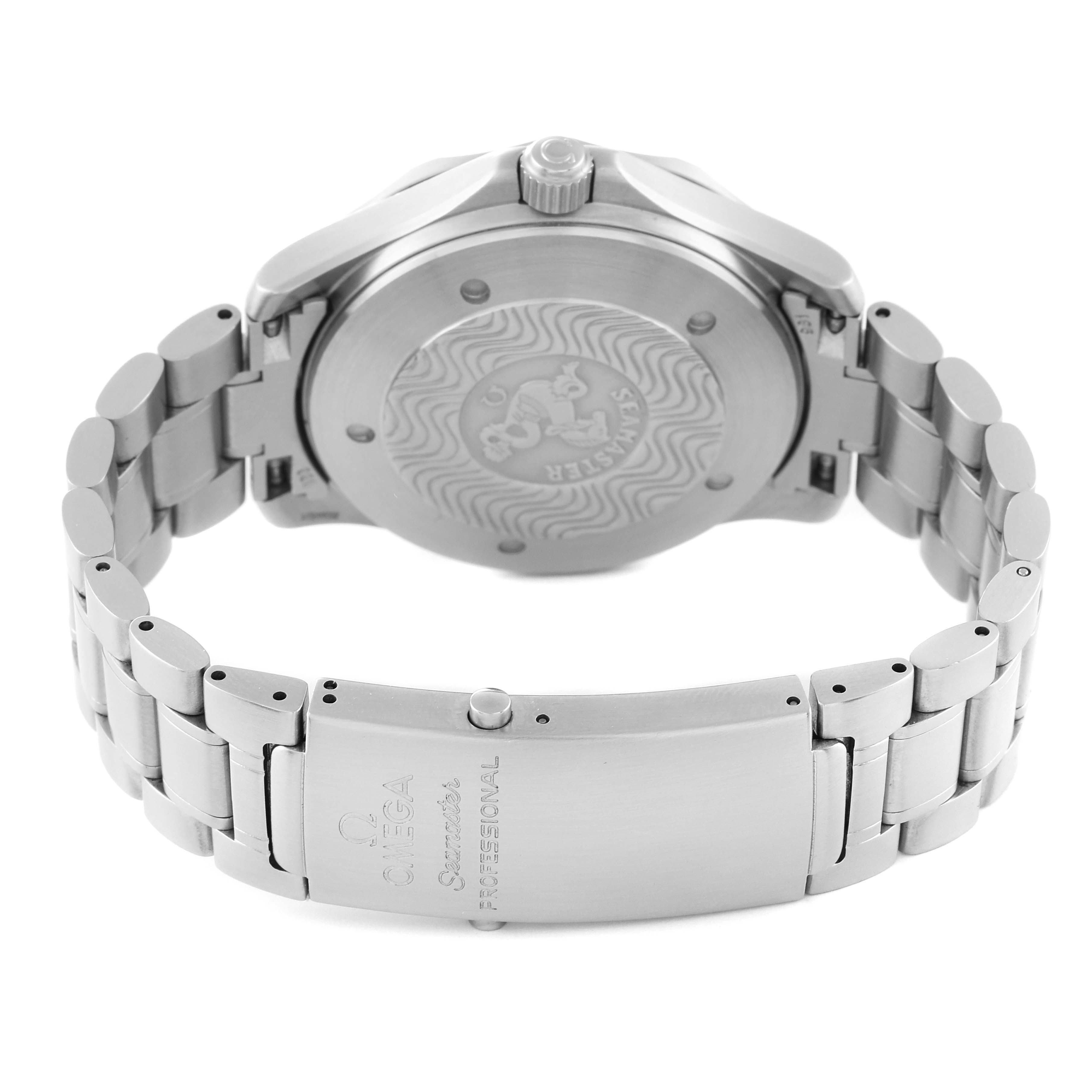 The image shows the back case and bracelet clasp of the Omega Seamaster 2538.20.00 Men's Stainless Steel White Dial 2538.20.00 Men's Stainless Steel White Dial watch from a rear angle.