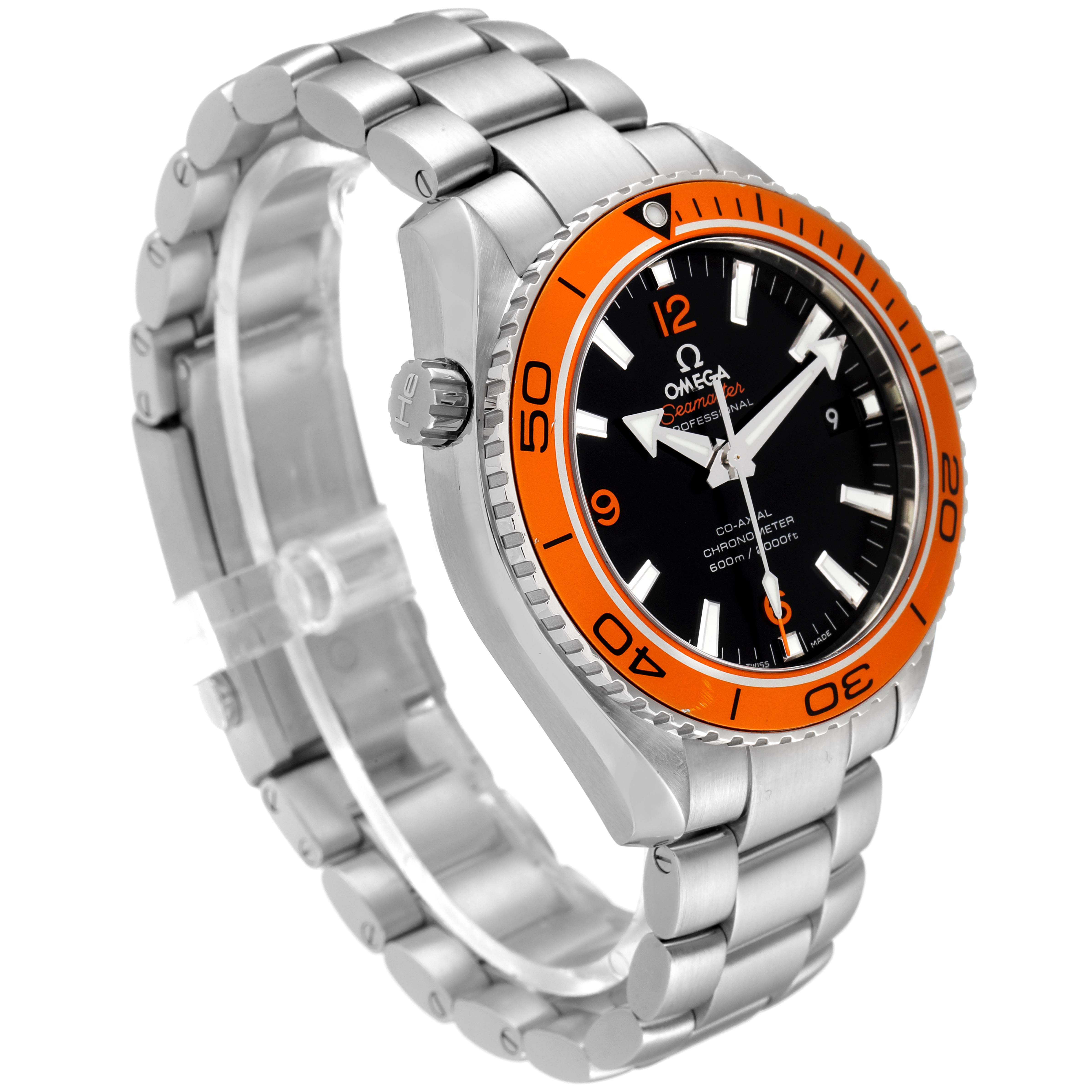 The image shows a side angle of the Omega Planet Ocean 232.30.42.21.01.002 Men
s Stainless Steel Black Dial 232.30.42.21.01.002 Men
s Stainless Steel Black Dial watch, highlighting its orange bezel, black dial, and metal bracelet.
