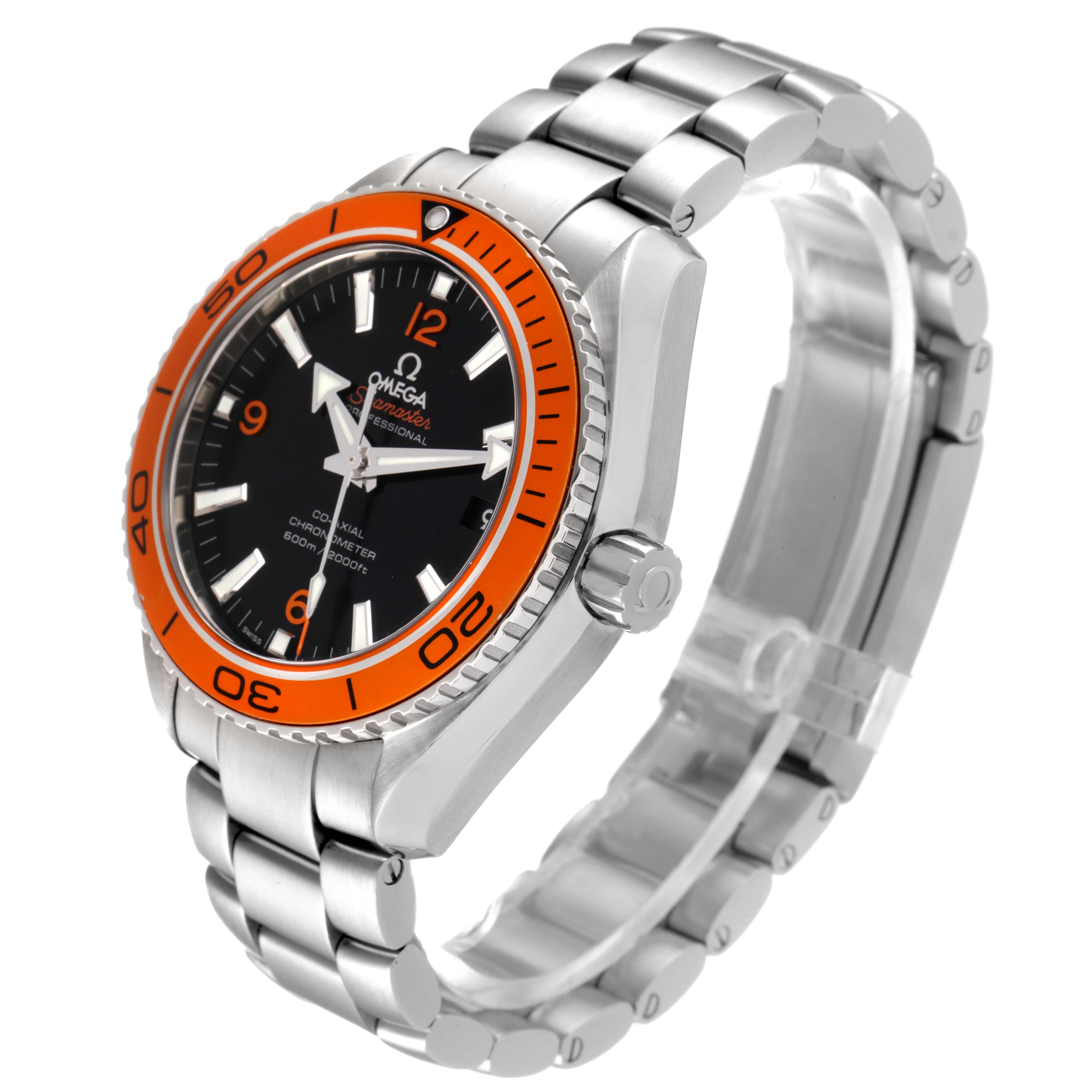 The Omega Planet Ocean 232.30.42.21.01.002 Men
s Stainless Steel Black Dial 232.30.42.21.01.002 Men
s Stainless Steel Black Dial watch is shown at an angle displaying the face, orange bezel, crown, and stainless steel bracelet.