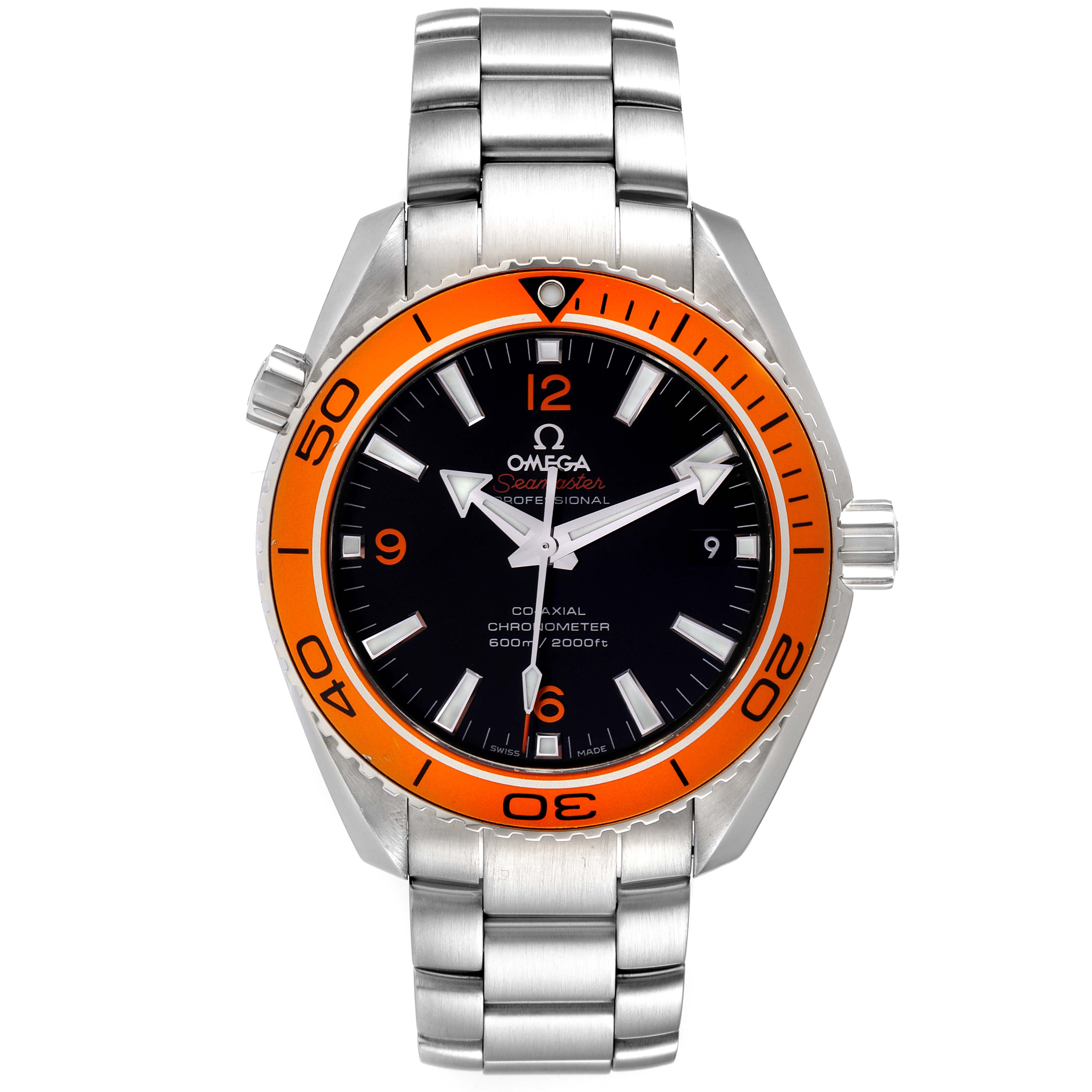 This image shows the front view of an Omega Planet Ocean 232.30.42.21.01.002 Men
s Stainless Steel Black Dial 232.30.42.21.01.002 Men
s Stainless Steel Black Dial watch, highlighting its face, bezel, and stainless steel bracelet.