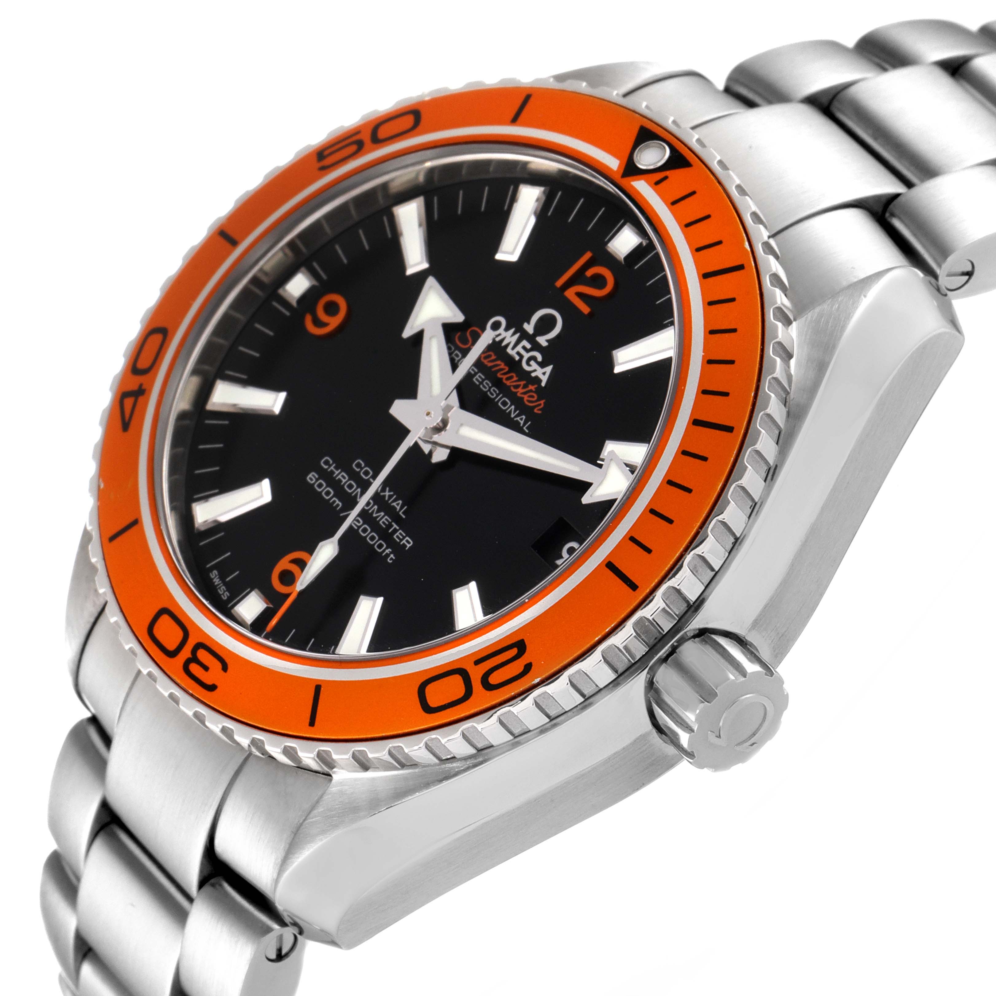 The Omega Planet Ocean 232.30.42.21.01.002 Men
s Stainless Steel Black Dial 232.30.42.21.01.002 Men
s Stainless Steel Black Dial watch is shown at an angled side view, depicting the bezel, dial, crown, and part of the bracelet.