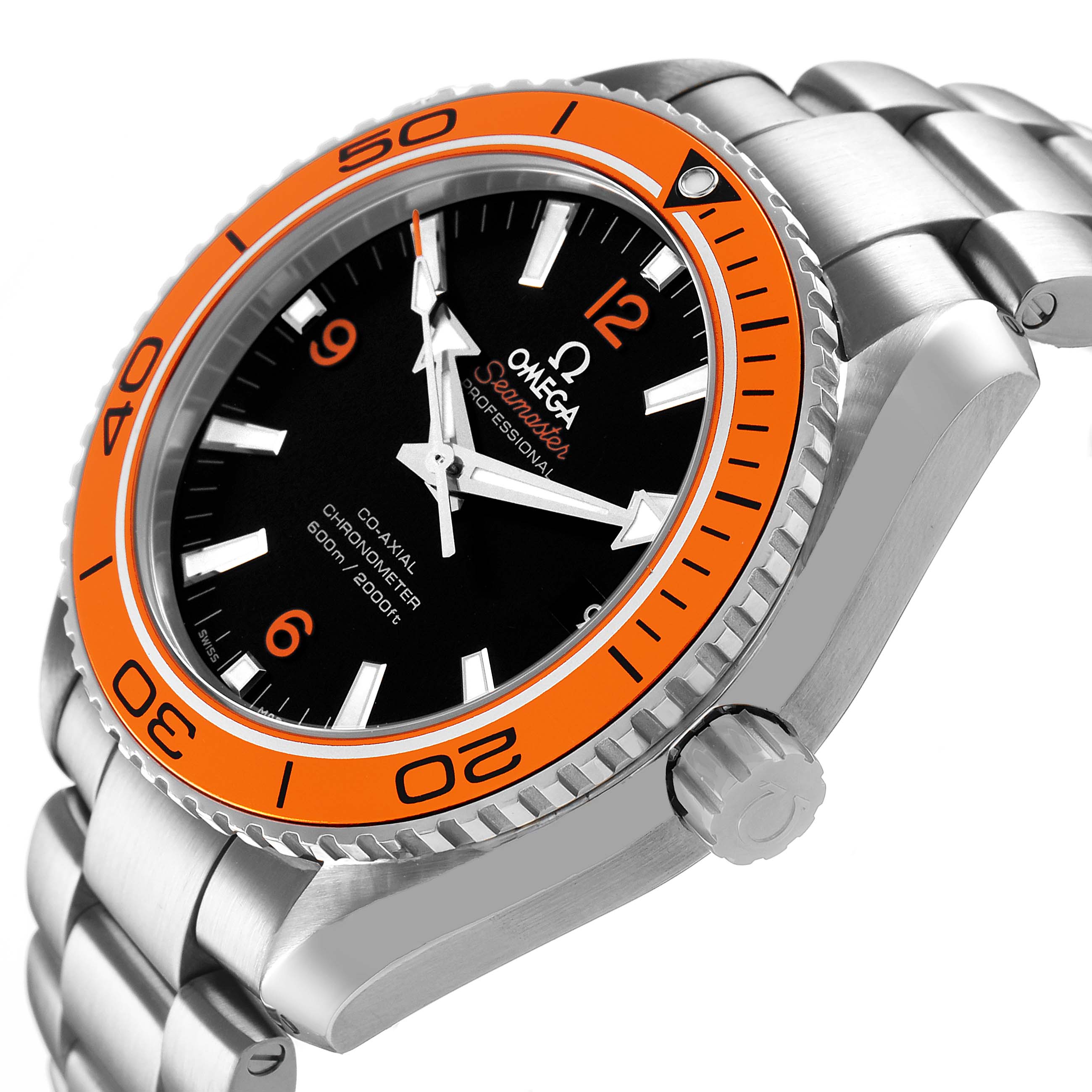 The image shows an angled view of the Omega Planet Ocean 232.30.42.21.01.002 Men's Stainless Steel Black Dial watch, highlighting the orange bezel, dial, crown, and metal bracelet.