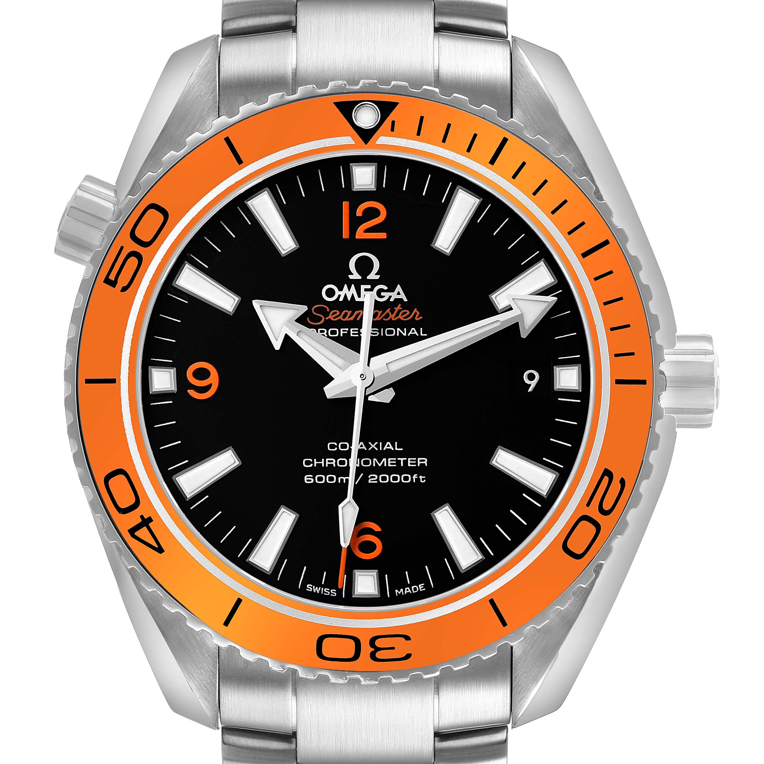 The Omega Planet Ocean 232.30.42.21.01.002 Men's Stainless Steel Black Dial watch is shown from a front angle, highlighting its orange bezel and black dial.