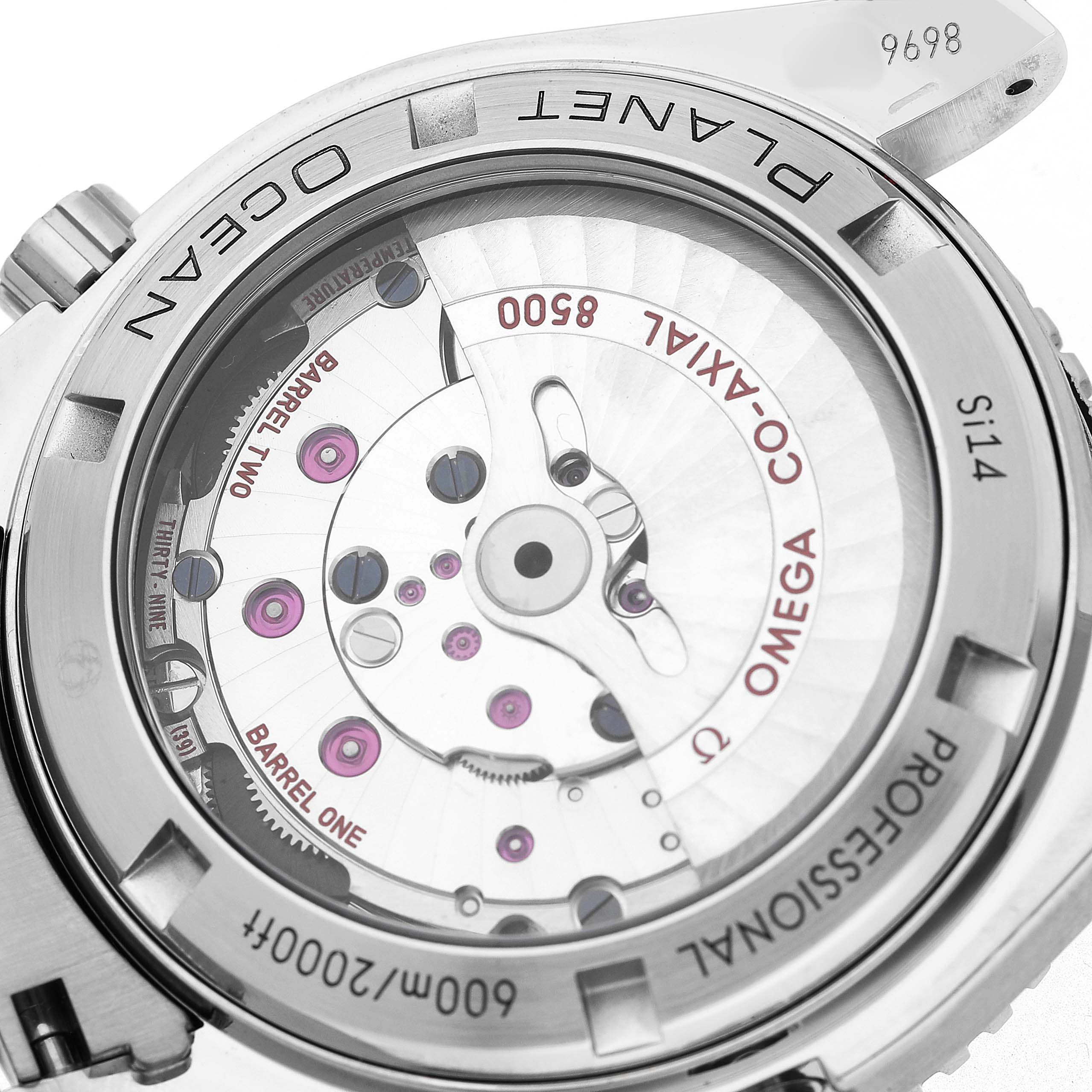 The image shows the back case of the Omega Planet Ocean 232.30.42.21.01.002 Men's Stainless Steel Black Dial watch, highlighting its mechanical movement and co-axial mechanism.