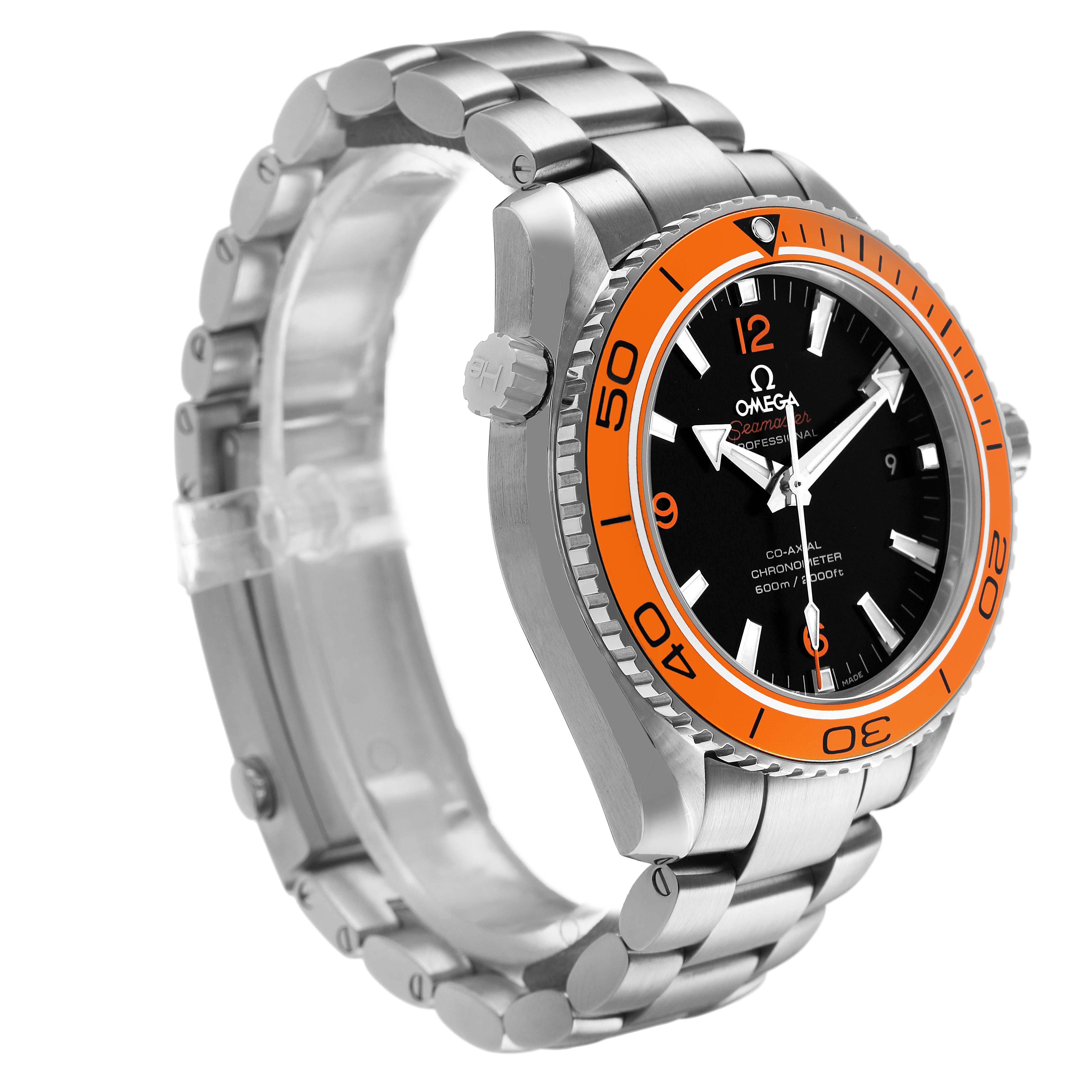 The Omega Planet Ocean 232.30.42.21.01.002 Men's Stainless Steel Black Dial watch is shown in a side view, highlighting the orange bezel, dial, crown, and metal bracelet.