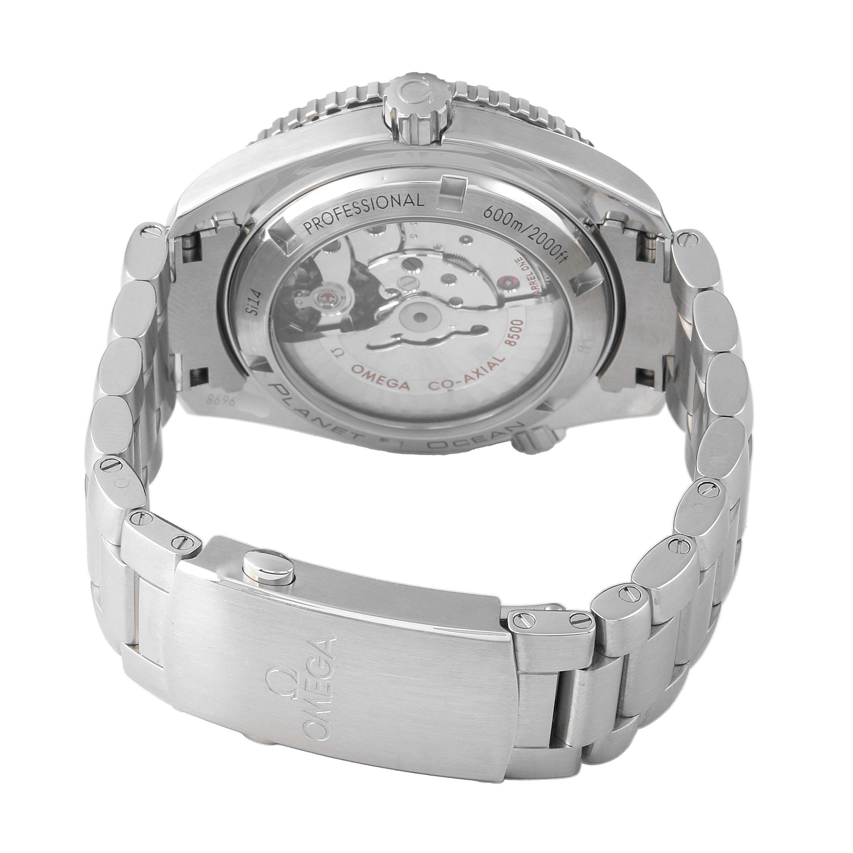 The Omega Planet Ocean 232.30.42.21.01.002 Men's Stainless Steel Black Dial watch is shown from the back, displaying its movement and stainless steel bracelet.