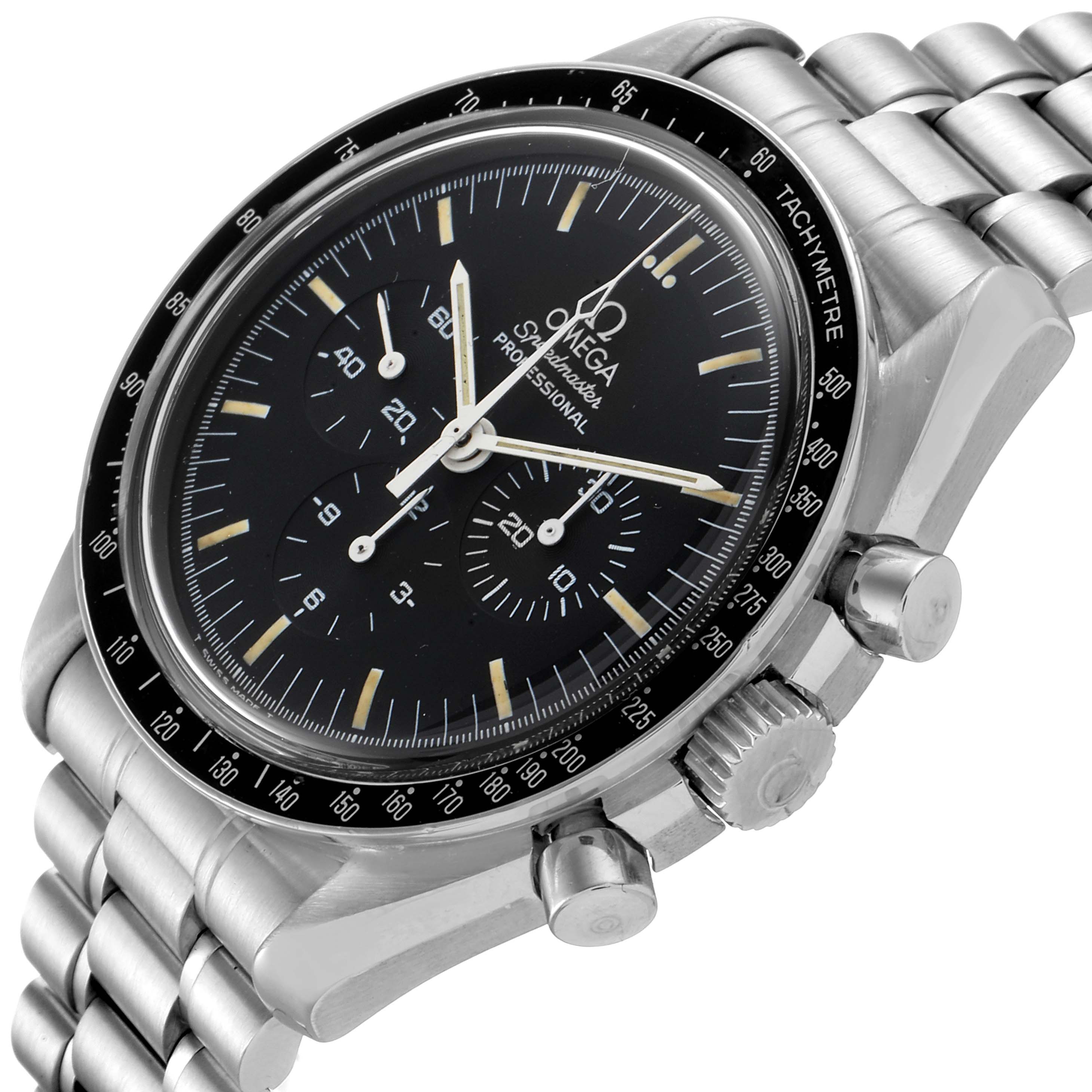 The Omega Speedmaster 3590.50.00 Men's Stainless Steel Black Dial 3590.50.00 Men's Stainless Steel Black Dial watch is shown at an angle highlighting the dial, bezel, case, crown, pushers, and bracelet.