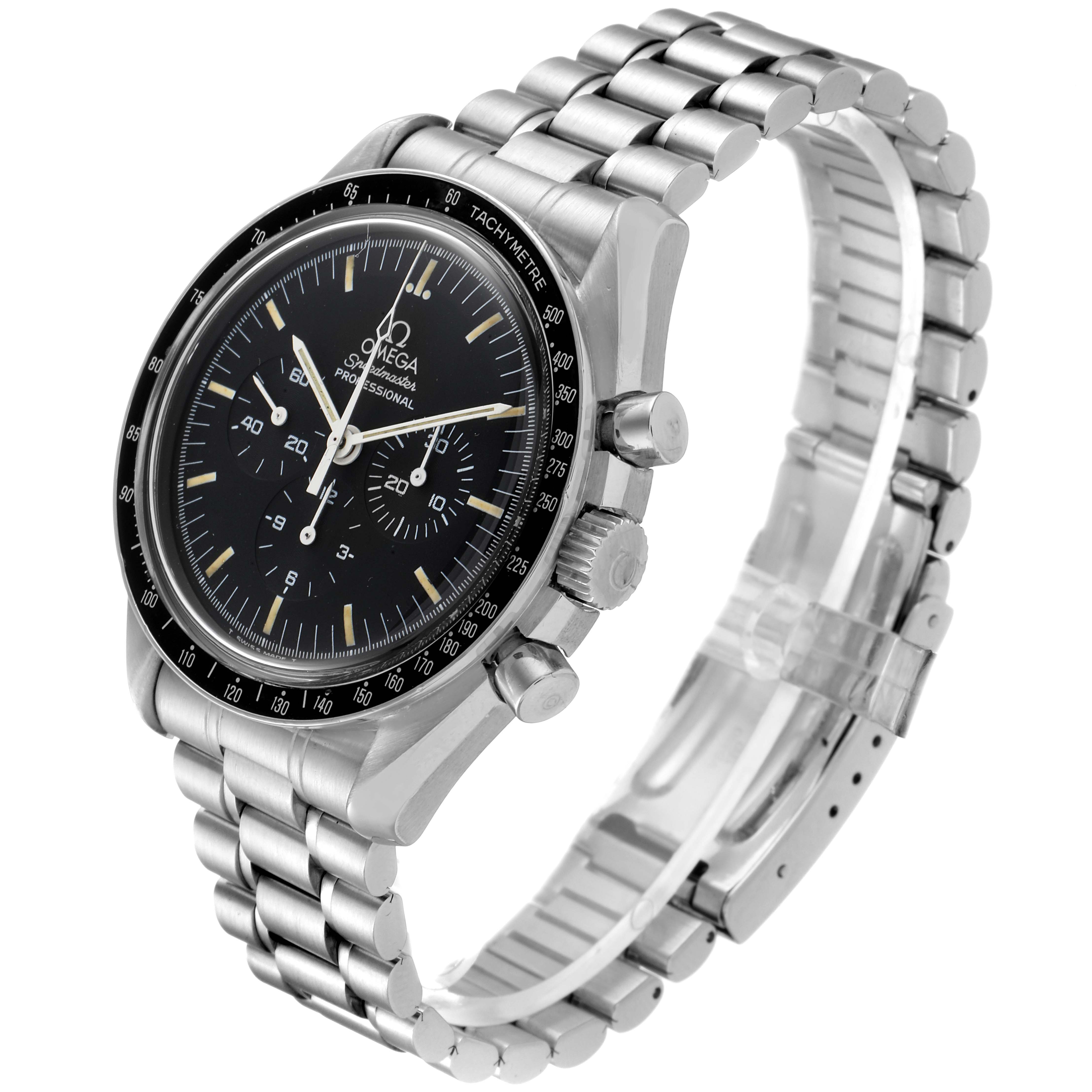 The Omega Speedmaster 3590.50.00 Men's Stainless Steel Black Dial 3590.50.00 Men's Stainless Steel Black Dial watch is shown at an angled side view, highlighting its dial, bezel, crown, pushers, and stainless steel bracelet.