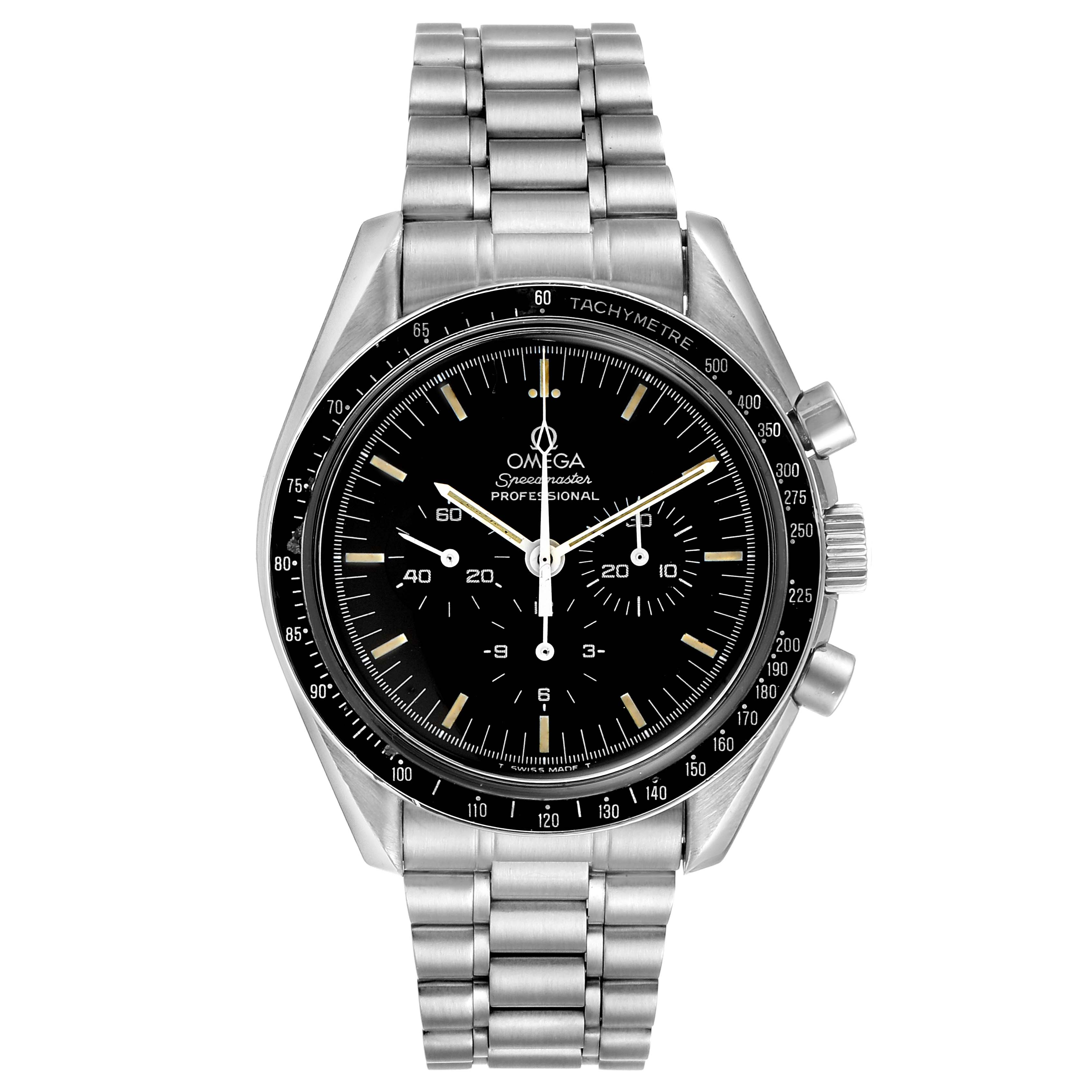 This image shows a front view of an Omega Speedmaster 3590.50.00 Men's Stainless Steel Black Dial 3590.50.00 Men's Stainless Steel Black Dial Professional watch with a stainless steel bracelet and black dial.