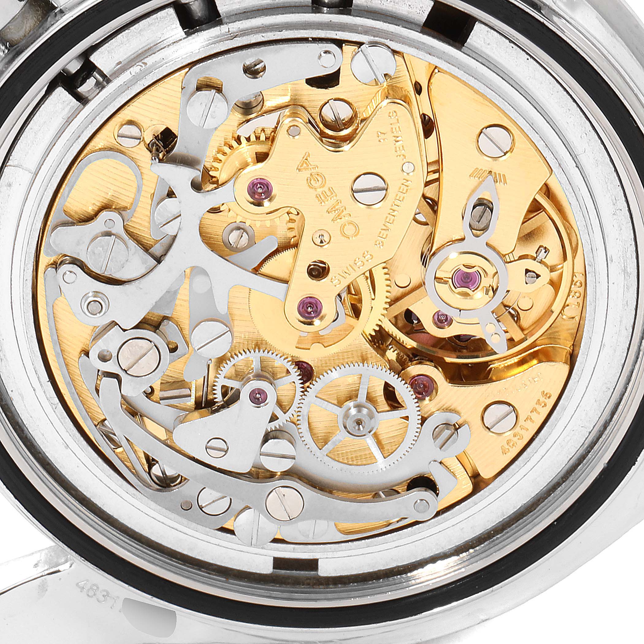 The image shows the exposed mechanical movement of an Omega Speedmaster 3590.50.00 Men's Stainless Steel Black Dial 3590.50.00 Men's Stainless Steel Black Dial watch from a rear angle.