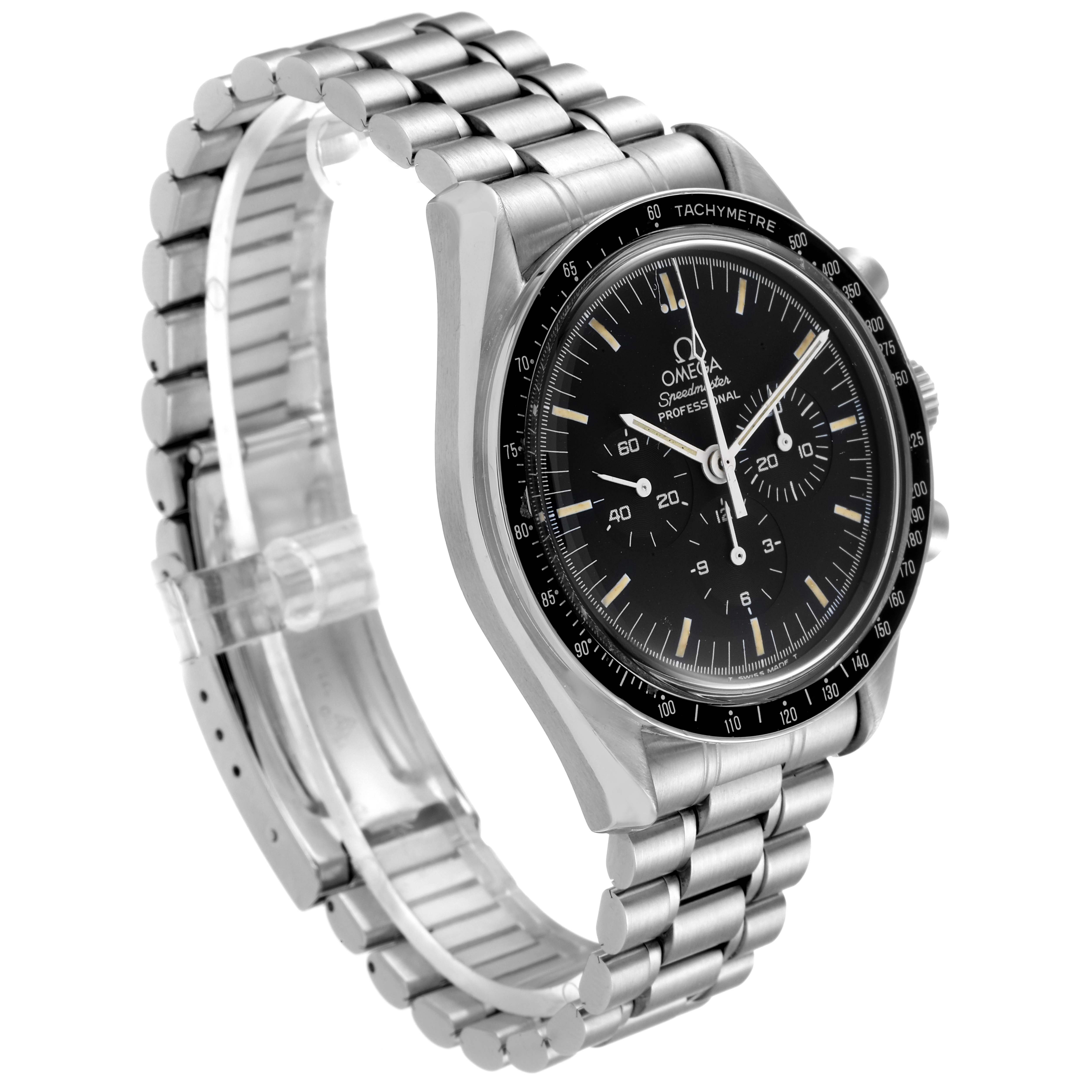 The Omega Speedmaster 3590.50.00 Men's Stainless Steel Black Dial 3590.50.00 Men's Stainless Steel Black Dial watch is shown at a slight angle, displaying its face, bezel, and metal bracelet.