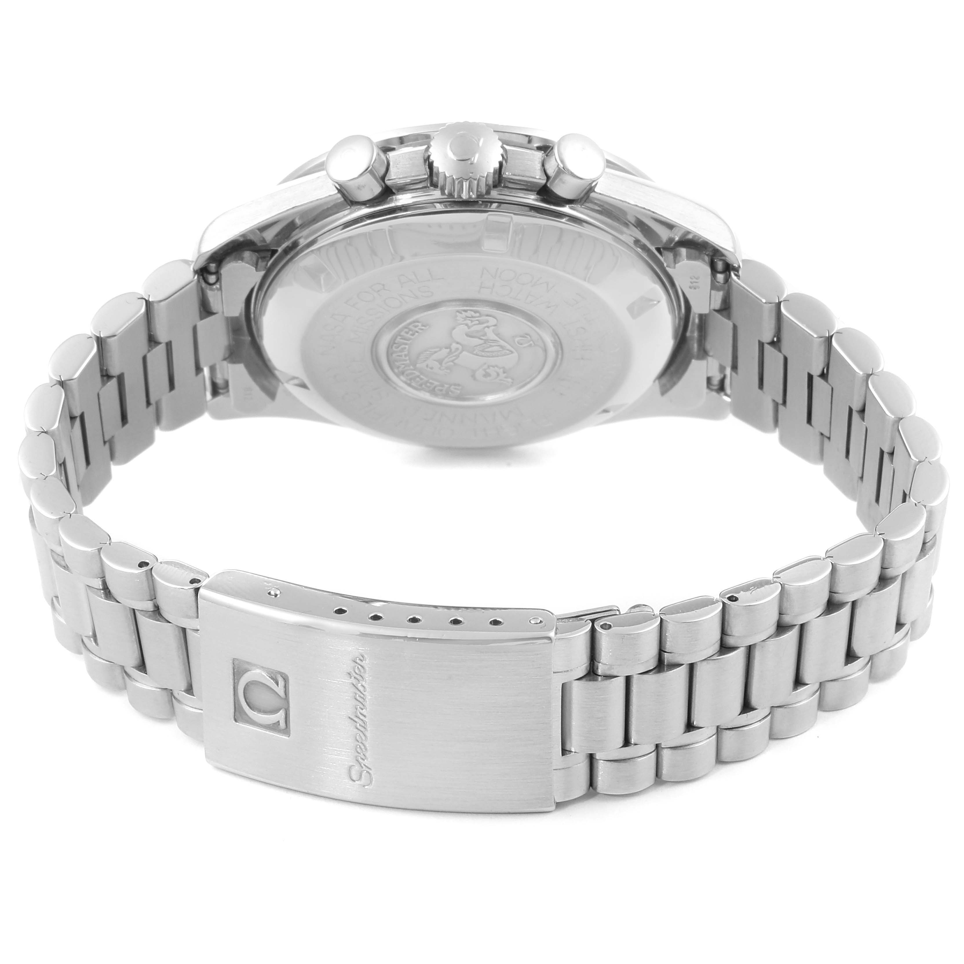The image shows the back view of the Omega Speedmaster 3590.50.00 Men's Stainless Steel Black Dial 3590.50.00 Men's Stainless Steel Black Dial watch, including its case back, crown, and metal bracelet with clasp.