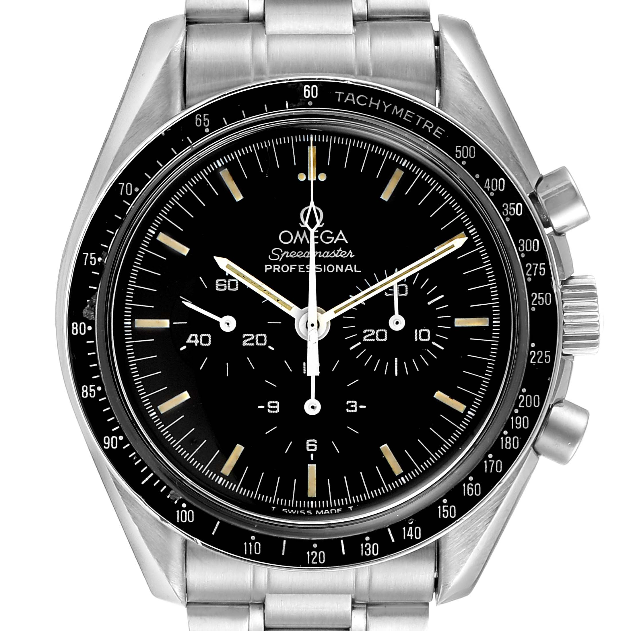 The image shows a front view of the Omega Speedmaster 3590.50.00 Men's Stainless Steel Black Dial 3590.50.00 Men's Stainless Steel Black Dial Professional watch, displaying its dial, tachymeter bezel, and chronograph subdials.