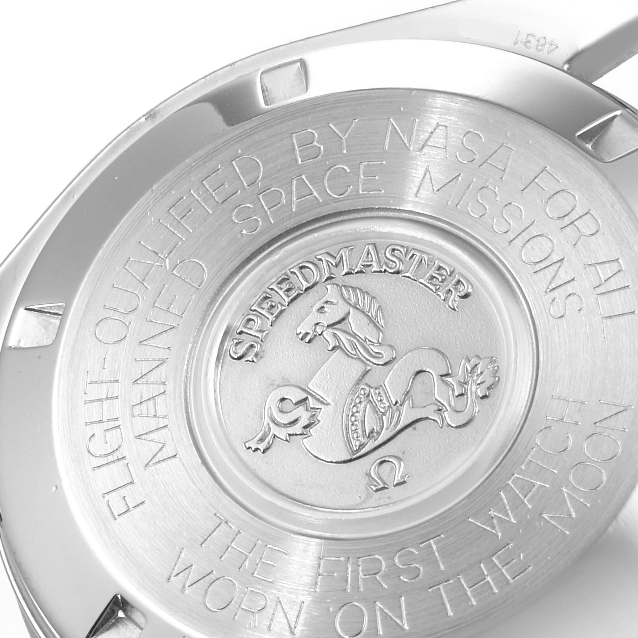 The image shows the case back of an Omega Speedmaster 3590.50.00 Men's Stainless Steel Black Dial 3590.50.00 Men's Stainless Steel Black Dial watch, featuring engraved text and logo.