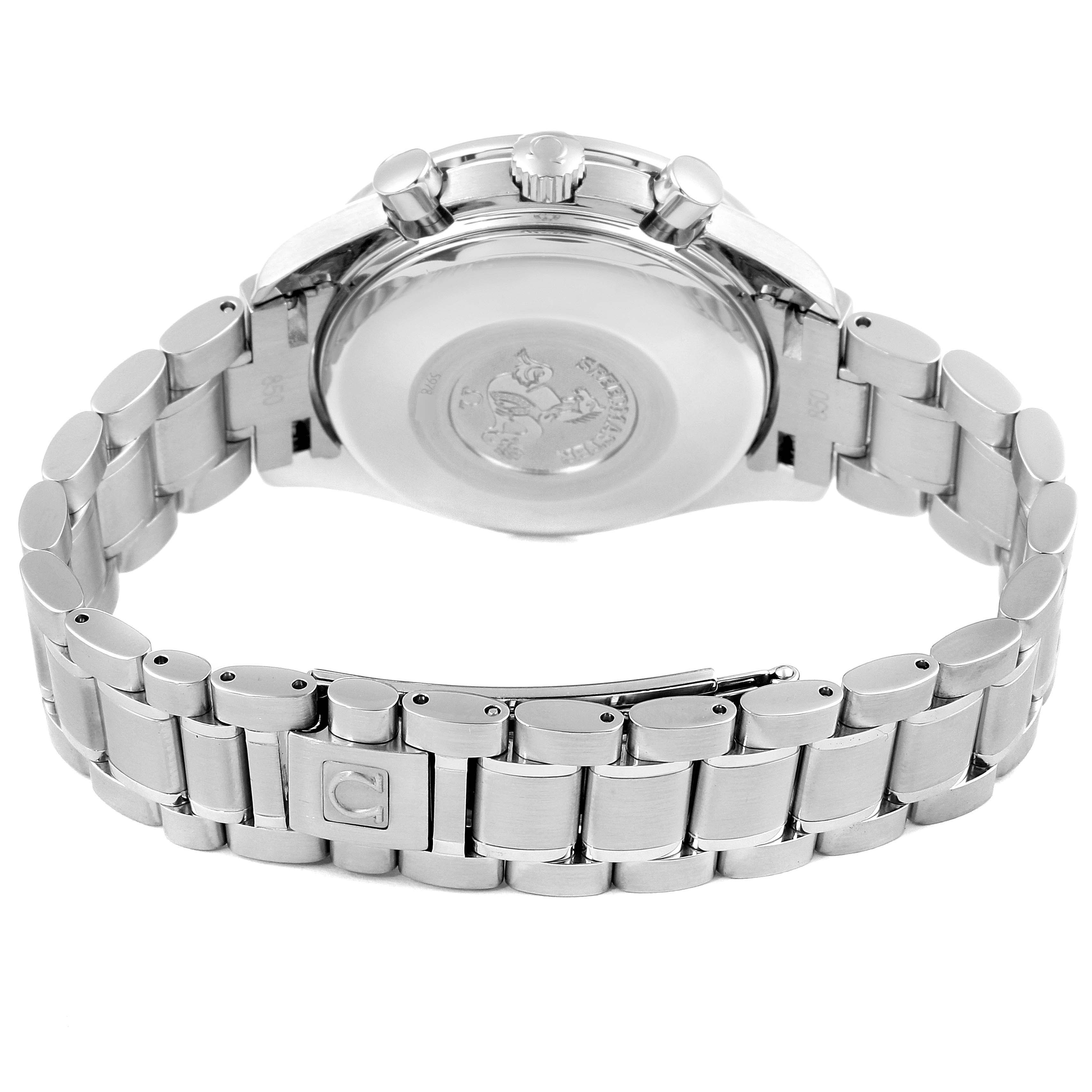 This image shows the back view of an Omega Speedmaster 3513.50.00 Men
s Stainless Steel Black Dial 3513.50.00 Men
s Stainless Steel Black Dial watch, highlighting its case back and metal bracelet.