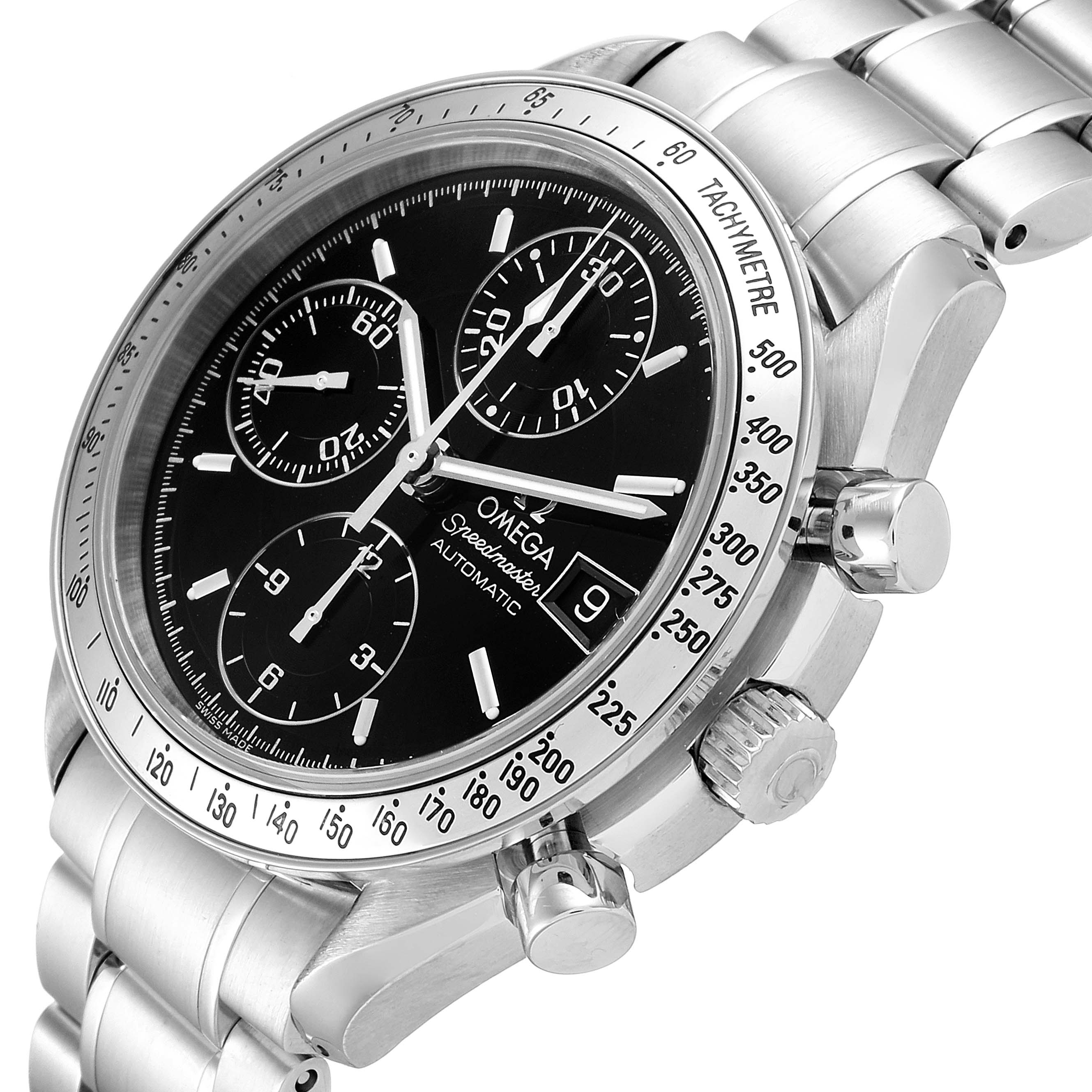This image shows a side angle of the Omega Speedmaster 3513.50.00 Men
s Stainless Steel Black Dial 3513.50.00 Men
s Stainless Steel Black Dial watch, highlighting the dial, bezel, and buttons on the stainless steel case and bracelet.