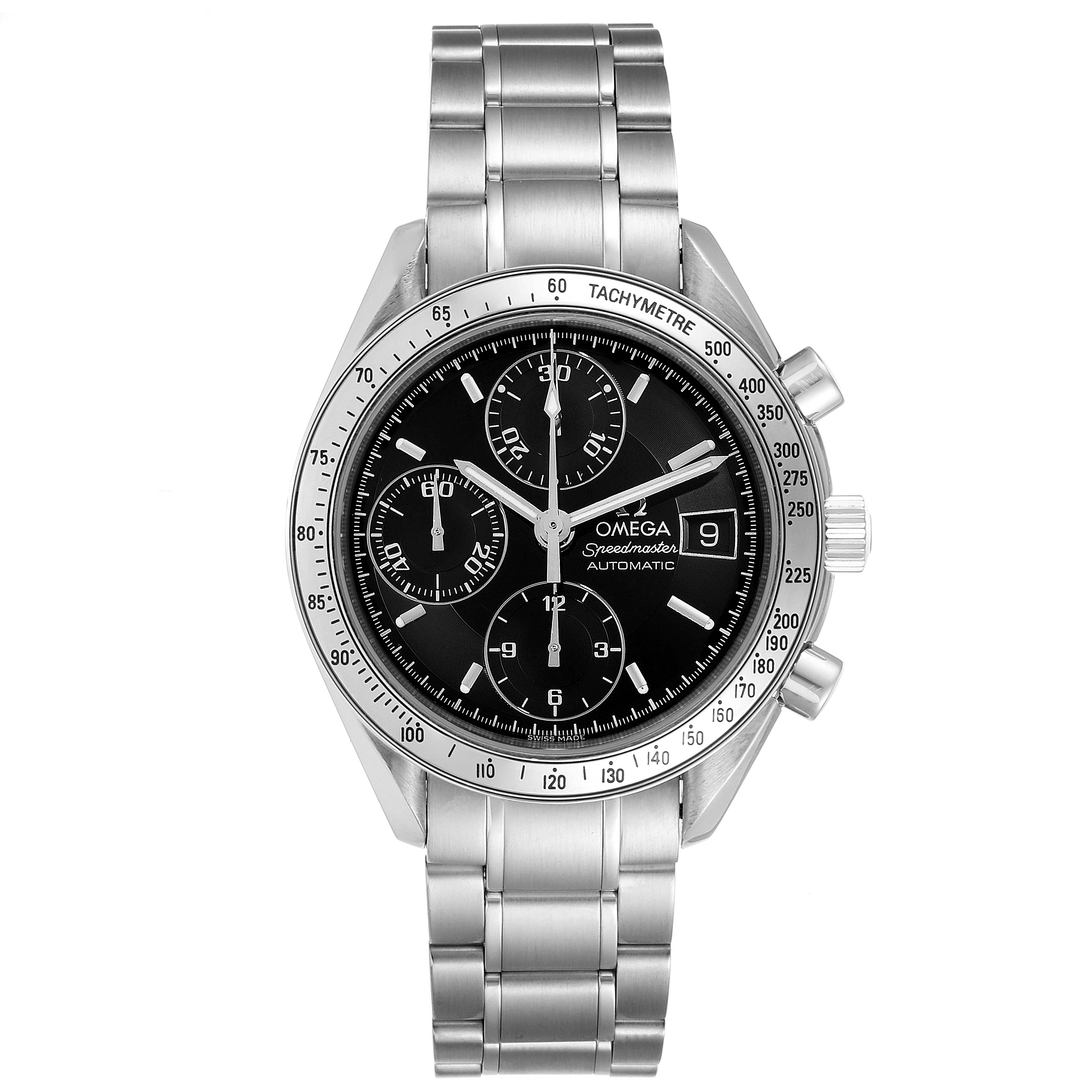 The image shows the front view of the Omega Speedmaster 3513.50.00 Men
s Stainless Steel Black Dial 3513.50.00 Men
s Stainless Steel Black Dial watch, highlighting its stainless steel bracelet, black dial, and chronograph features.