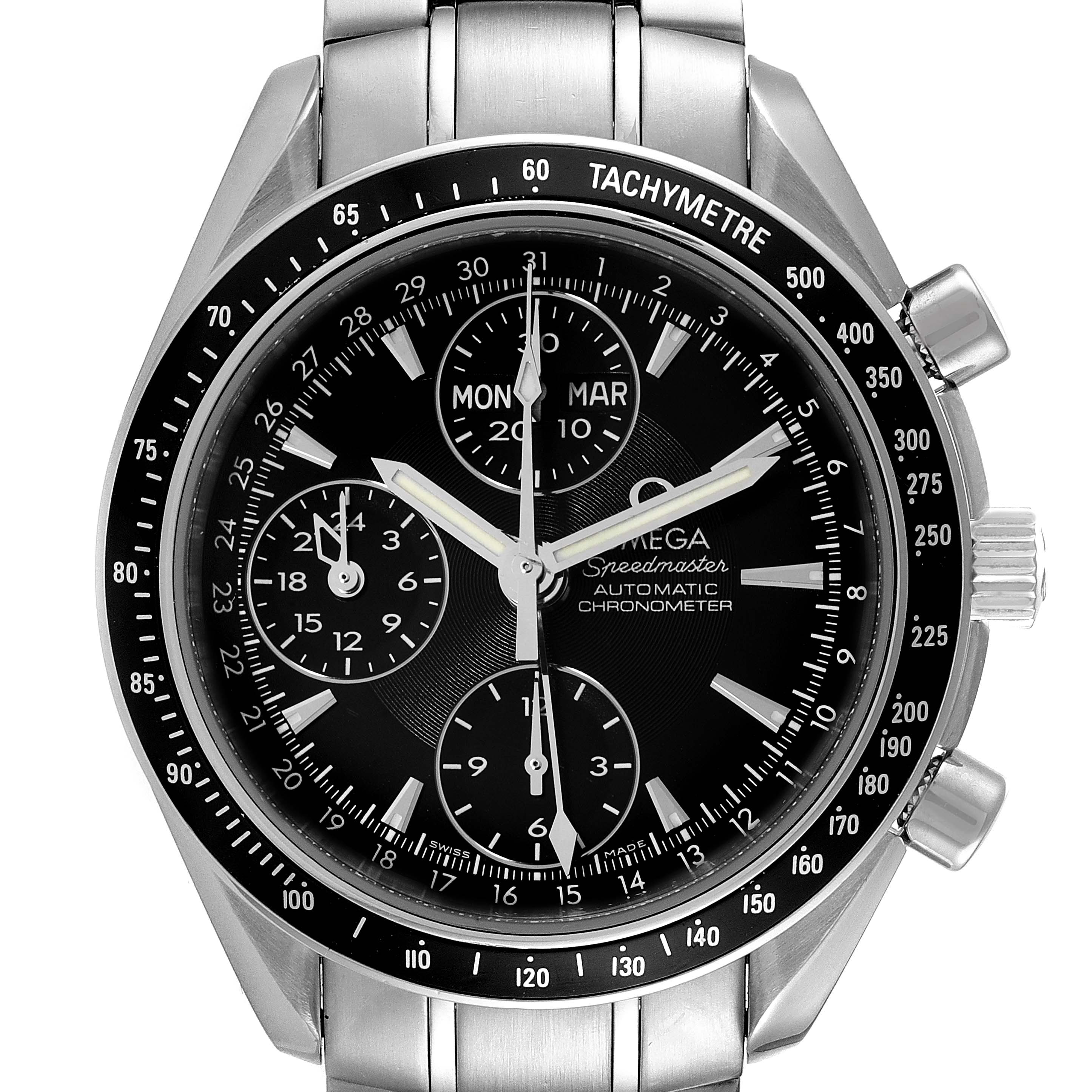 The image shows a front view of an Omega Speedmaster 3220.50.00 Men
s Stainless Steel Black Dial 3220.50.00 Men
s Stainless Steel Black Dial watch, highlighting its dial, subdials, and tachymetre bezel.