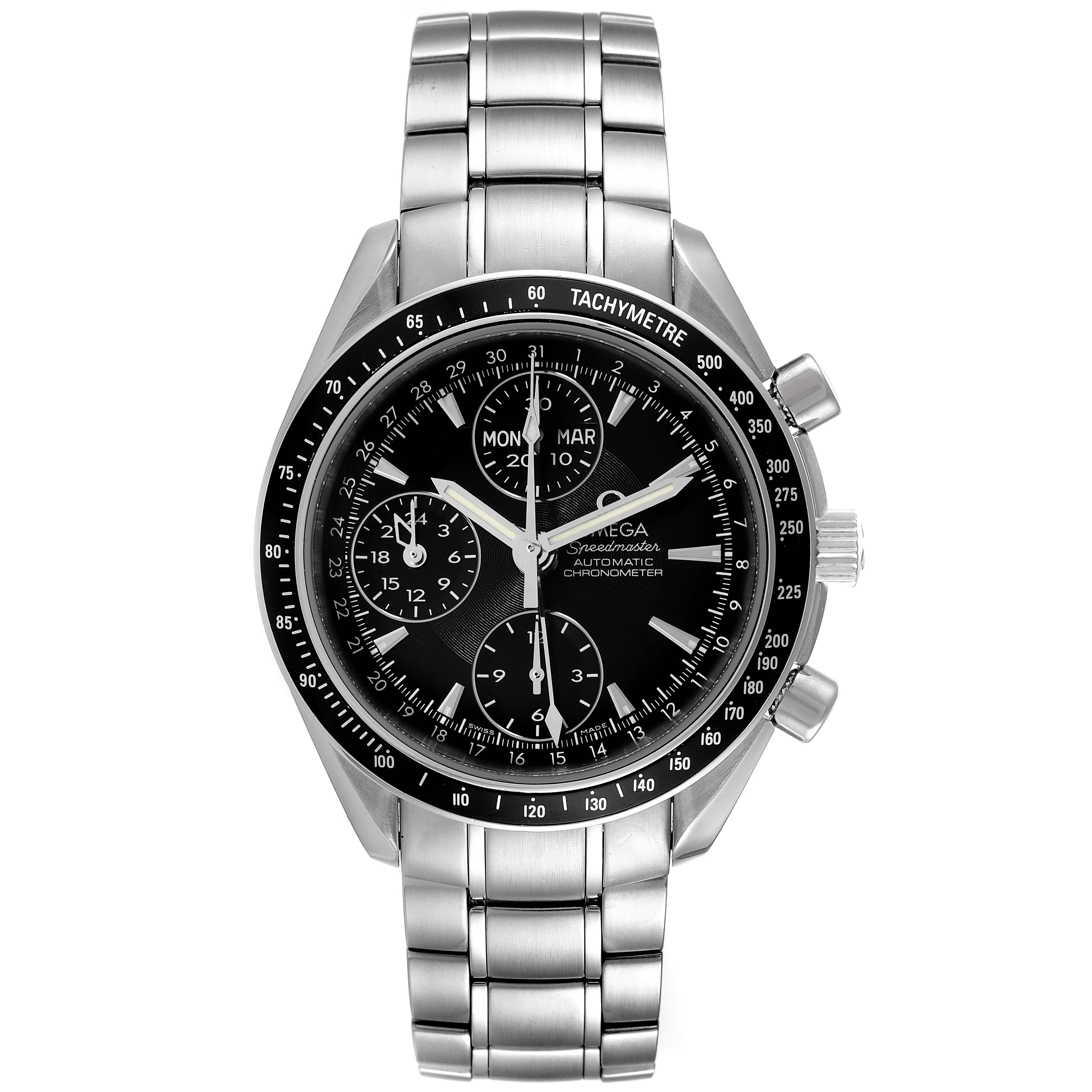 This image shows a frontal view of an Omega Speedmaster 3220.50.00 Men
s Stainless Steel Black Dial 3220.50.00 Men
s Stainless Steel Black Dial watch, highlighting its face and bracelet.