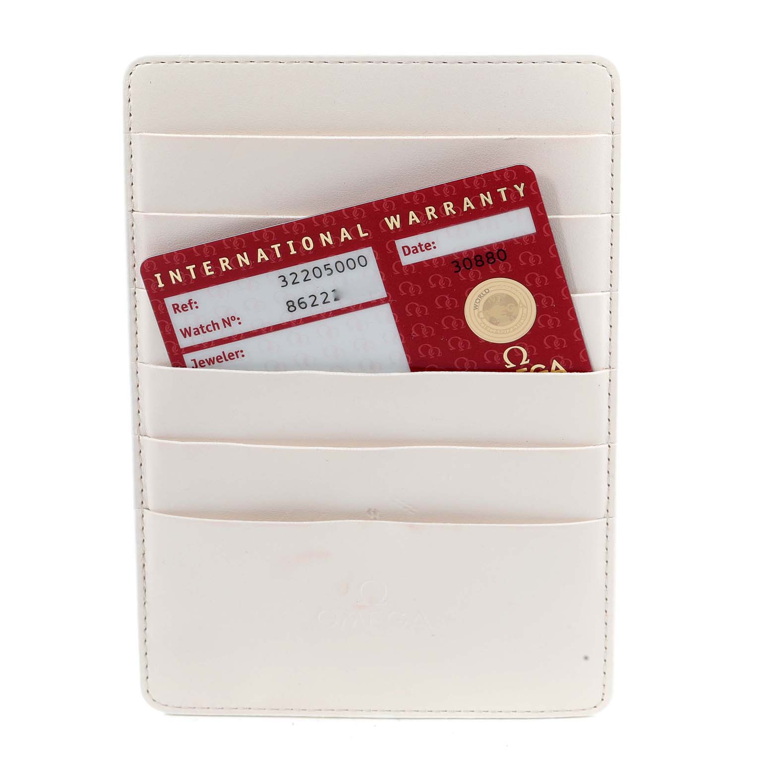 The image shows an Omega Speedmaster 3220.50.00 Men
s Stainless Steel Black Dial 3220.50.00 Men
s Stainless Steel Black Dial international warranty card in a white cardholder, viewed from the front.