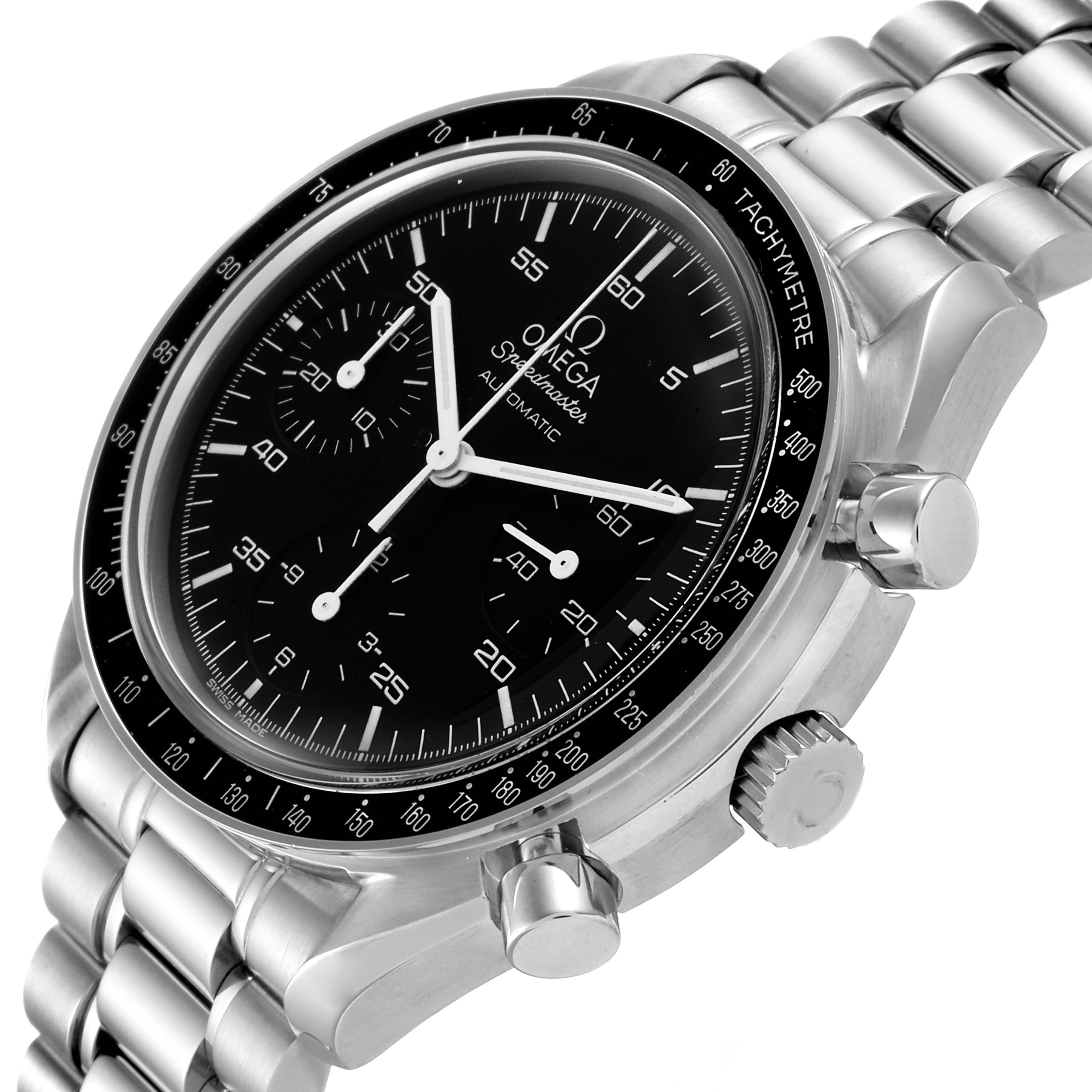 This image shows an Omega Speedmaster 3510.50.00 Men
s Stainless Steel Black Dial 3510.50.00 Men
s Stainless Steel Black Dial watch at an angled close-up, highlighting the dial, bezel, crown, and bracelet.