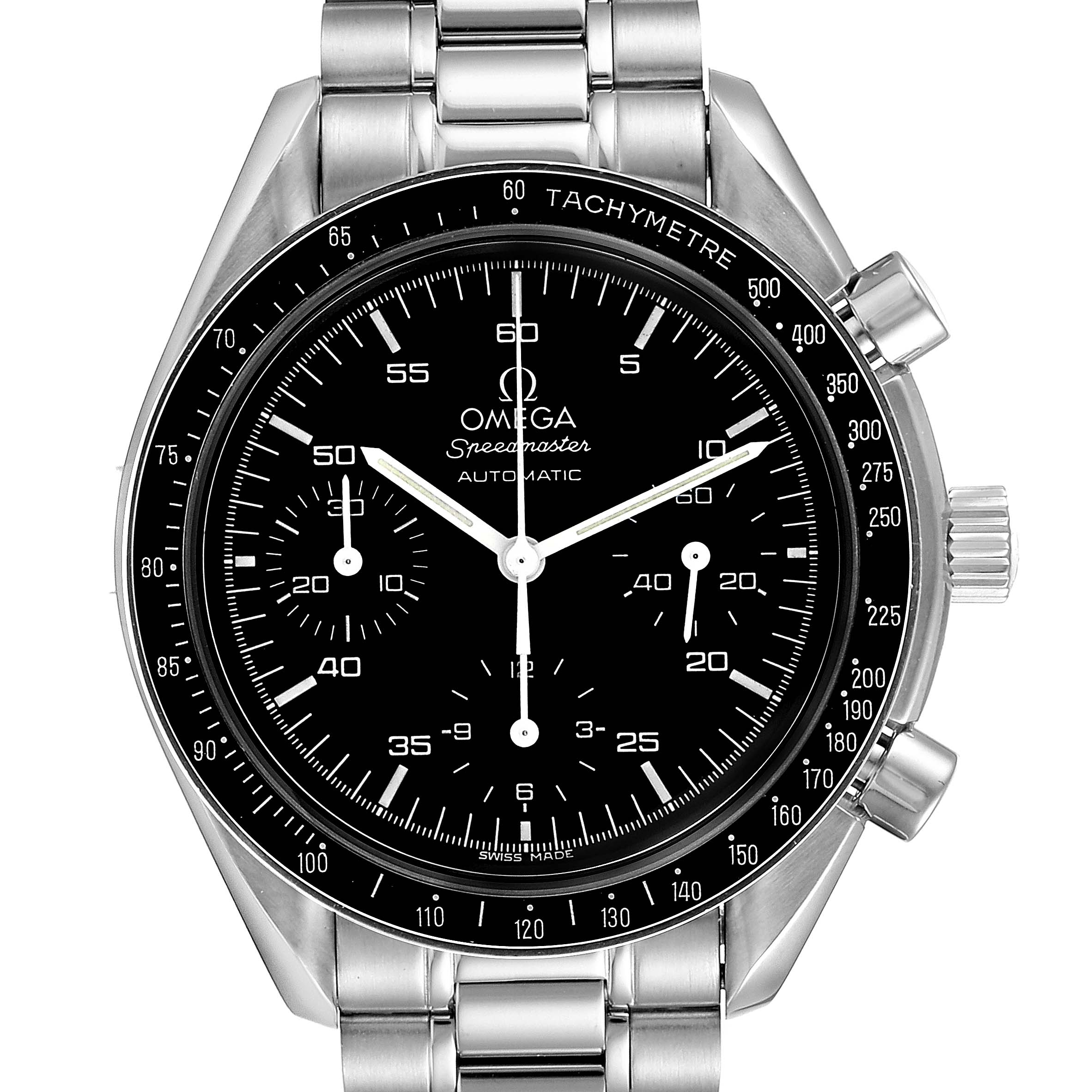 The image shows a front view of the Omega Speedmaster 3510.50.00 Men
s Stainless Steel Black Dial 3510.50.00 Men
s Stainless Steel Black Dial watch, highlighting its black dial, tachymeter bezel, and stainless steel bracelet.