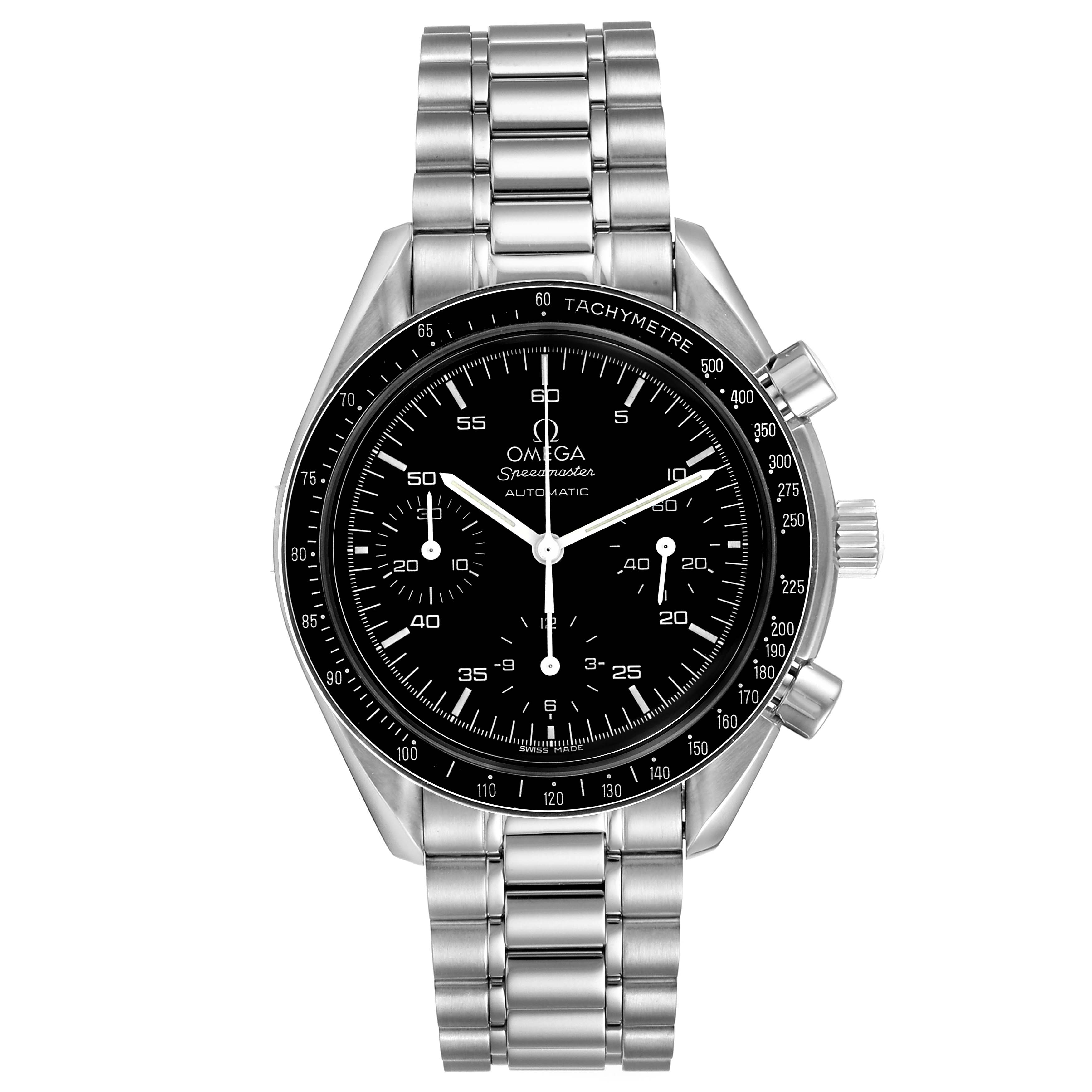 The image shows a front view of the Omega Speedmaster 3510.50.00 Men
s Stainless Steel Black Dial 3510.50.00 Men
s Stainless Steel Black Dial watch, showcasing its face, bezel, crown, chronograph pushers, and metal bracelet.