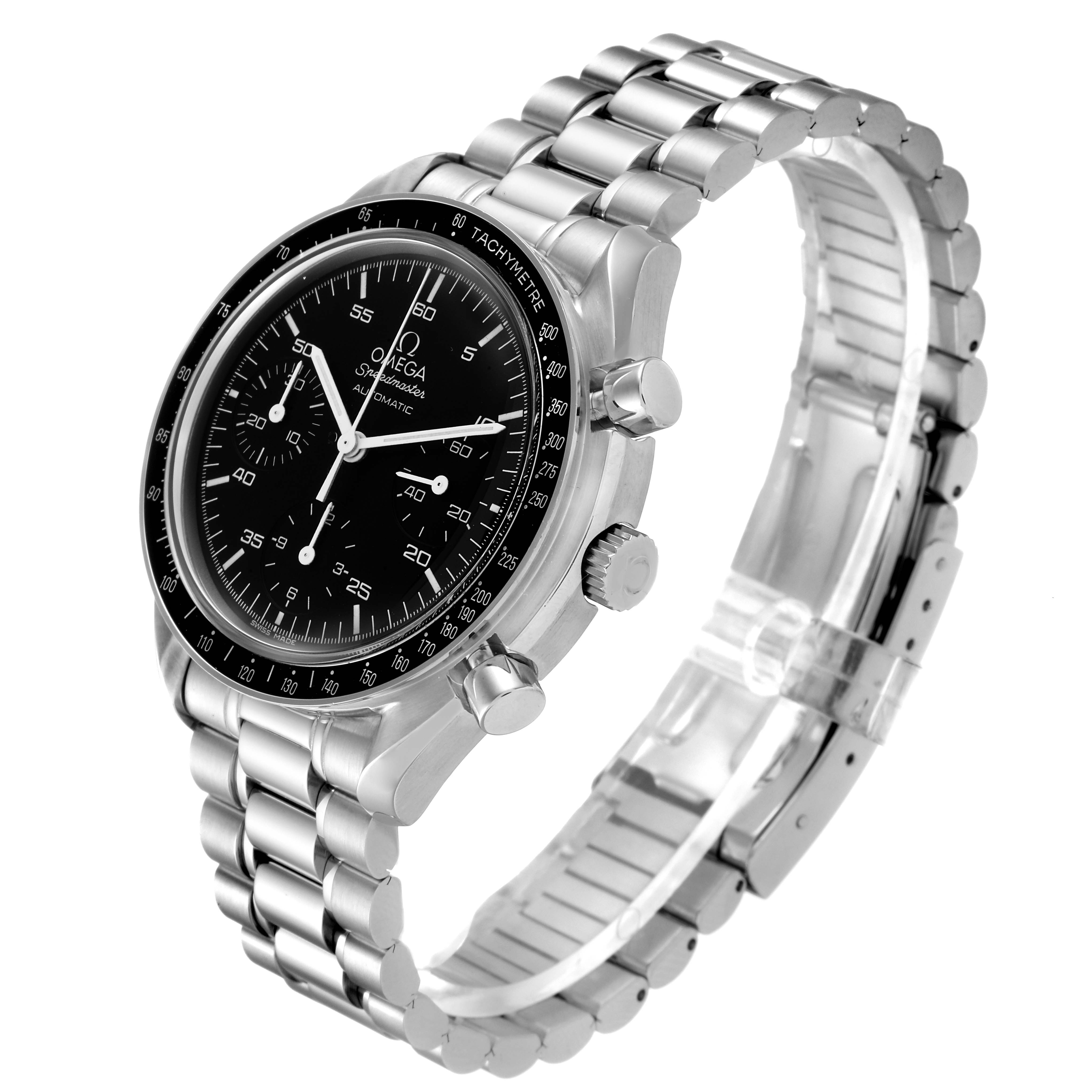 The Omega Speedmaster 3510.50.00 Men
s Stainless Steel Black Dial 3510.50.00 Men
s Stainless Steel Black Dial watch is shown at a three-quarter angle, highlighting the face, bezel, crown, pushers, and metal bracelet.