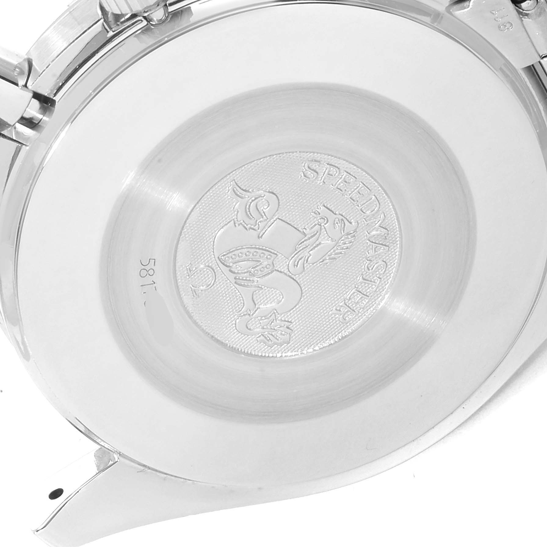 This image shows the case back of the Omega Speedmaster 3510.50.00 Men
s Stainless Steel Black Dial 3510.50.00 Men
s Stainless Steel Black Dial watch, highlighting the engraved logo and model name.