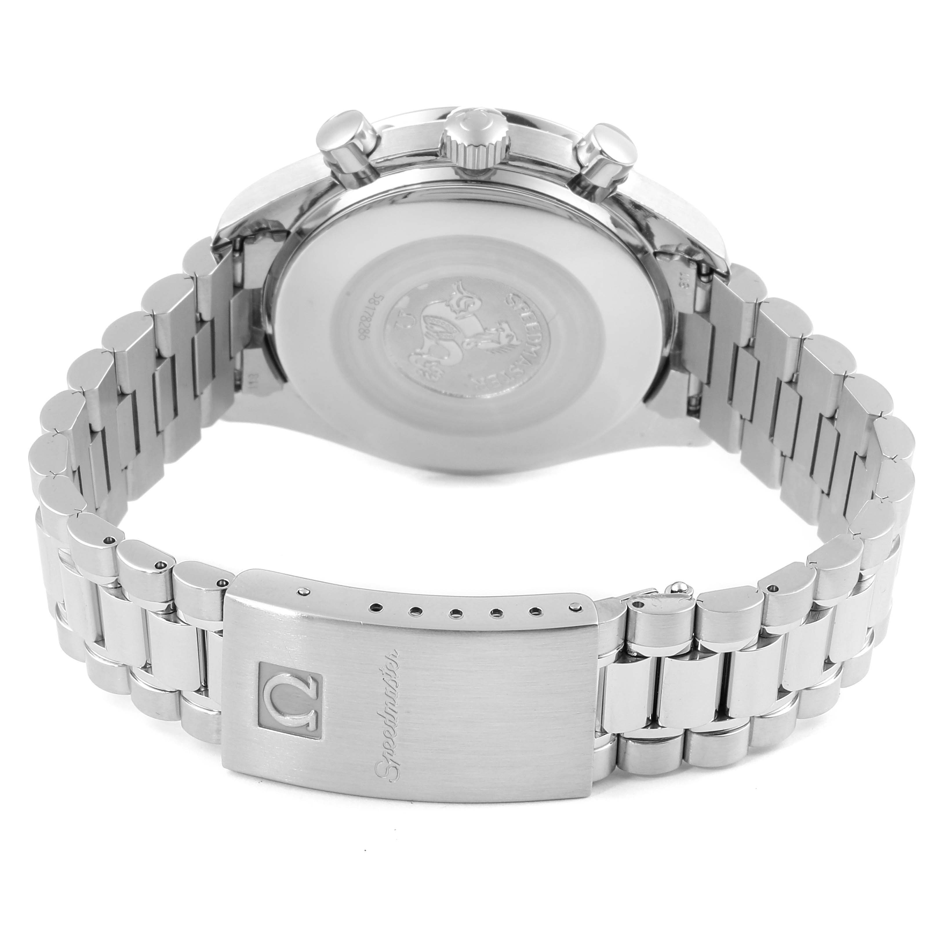 This image shows the back case and metal bracelet of an Omega Speedmaster 3510.50.00 Men
s Stainless Steel Black Dial 3510.50.00 Men
s Stainless Steel Black Dial watch from a rear angle.