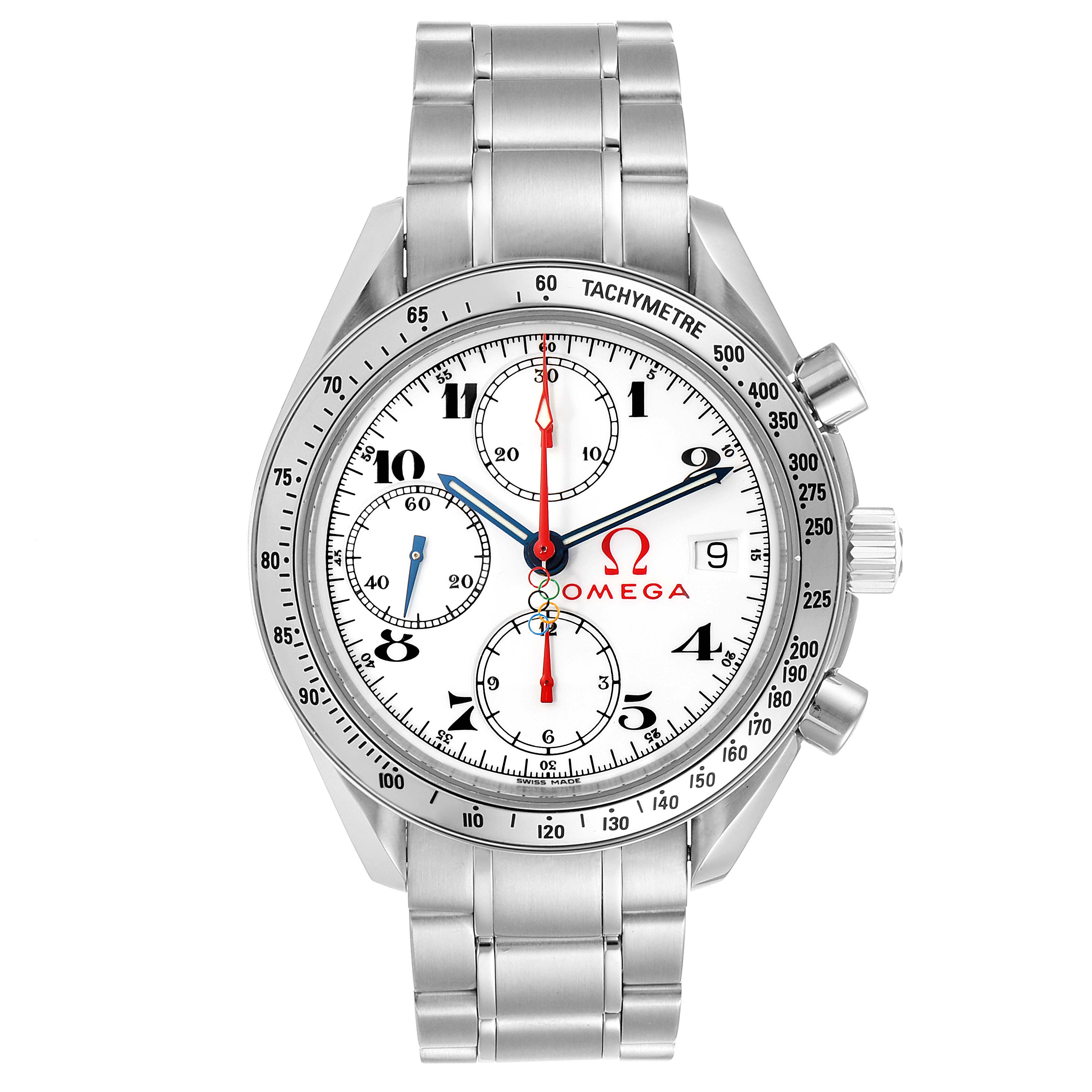 The image shows a front view of the Omega Speedmaster 3515.20.00 Men
s Stainless Steel White Dial 3515.20.00 Men
s Stainless Steel White Dial watch, highlighting its dial, bezel, and stainless steel bracelet.