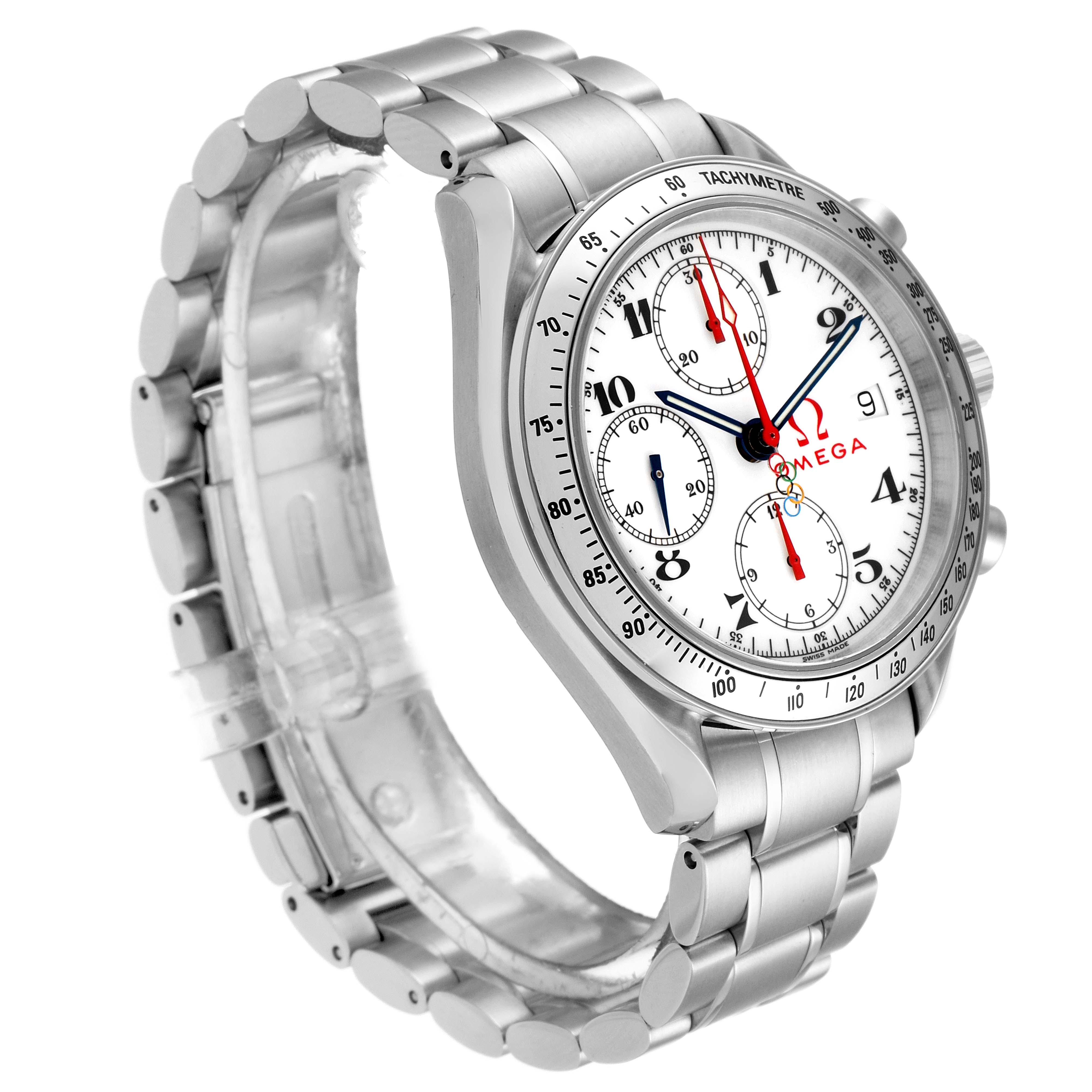 The image shows an Omega Speedmaster 3515.20.00 Men
s Stainless Steel White Dial 3515.20.00 Men
s Stainless Steel White Dial watch at a three-quarter angle, highlighting the face, bezel, and part of the bracelet.