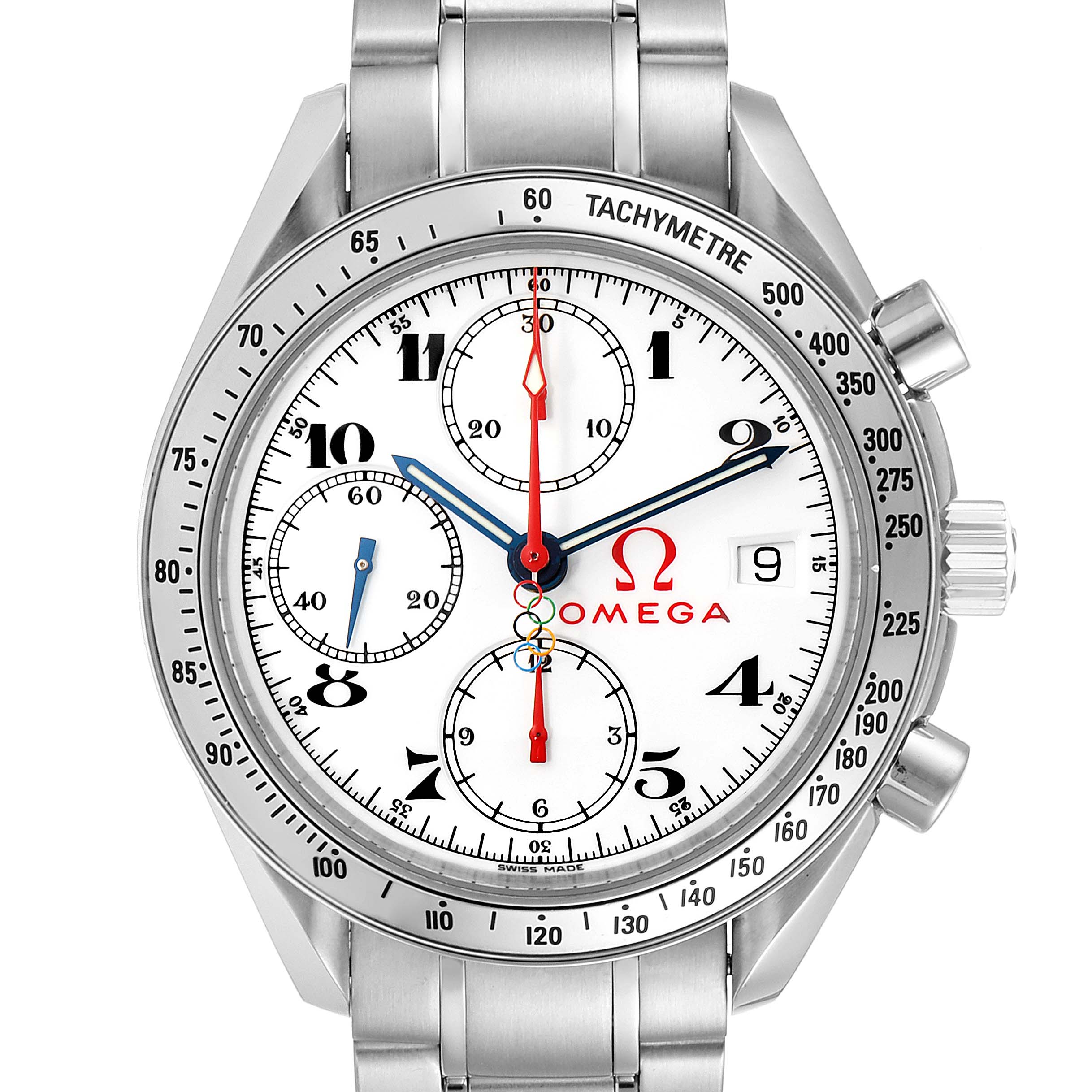 This image shows a front view of an Omega Speedmaster 3515.20.00 Men
s Stainless Steel White Dial 3515.20.00 Men
s Stainless Steel White Dial watch with a stainless steel bracelet and tachymeter bezel.