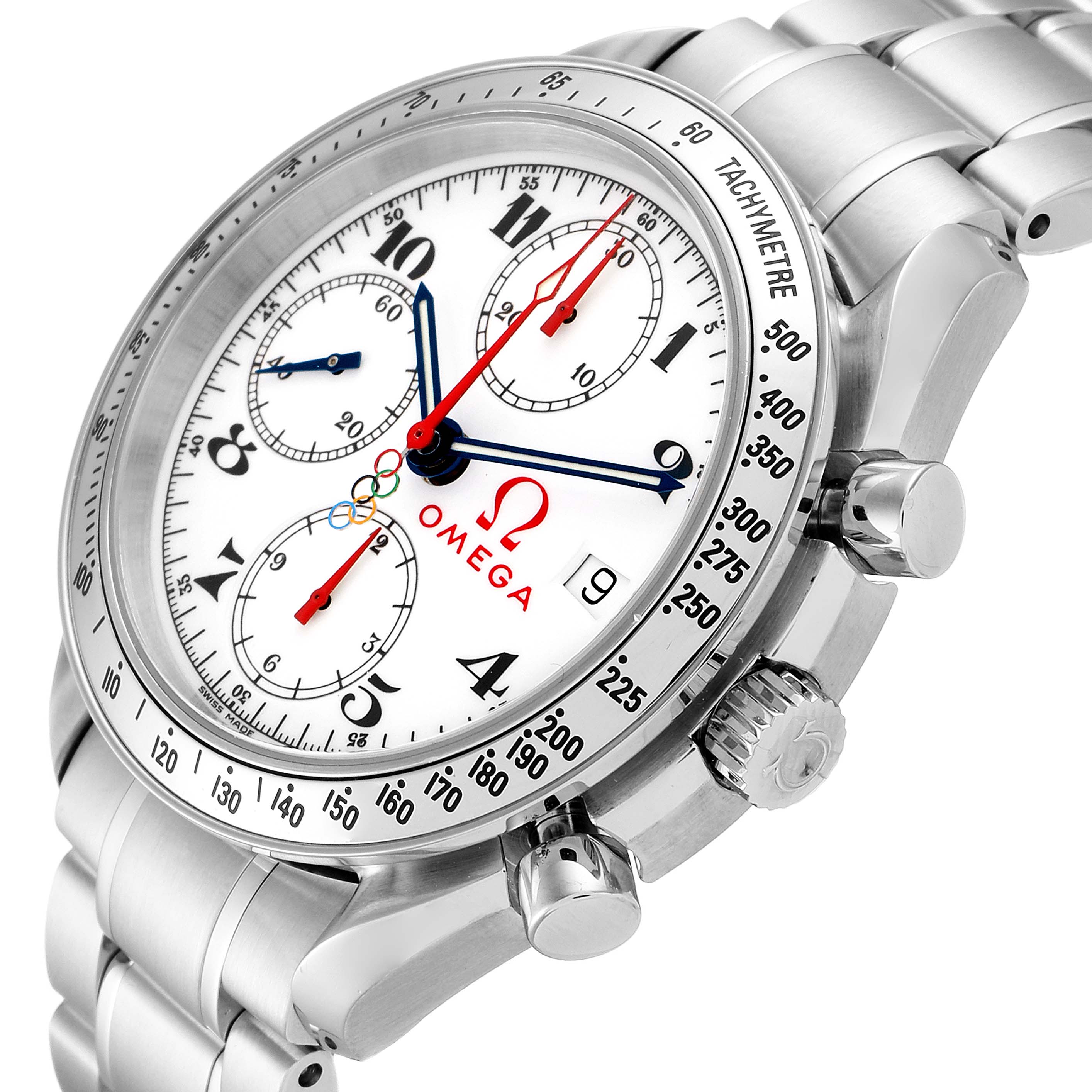 The image shows the Omega Speedmaster 3515.20.00 Men
s Stainless Steel White Dial 3515.20.00 Men
s Stainless Steel White Dial watch at an angle highlighting its face, chronograph dials, and part of the bracelet.