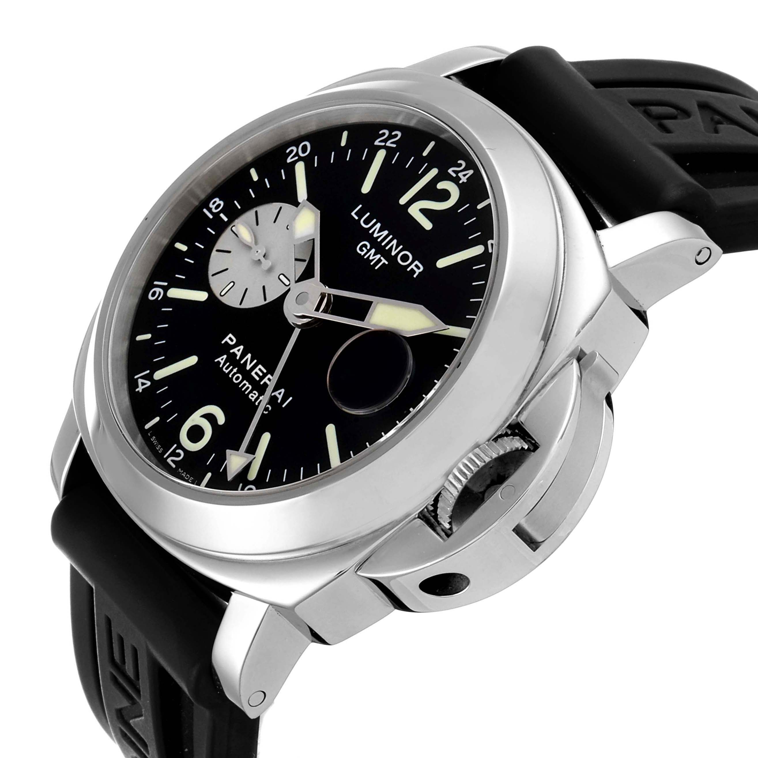 The Panerai Luminor PAM00088 Men
s Stainless Steel Black Dial PAM00088 Men
s Stainless Steel Black Dial watch is shown from a front angle, displaying its dial, hands, and rubber strap.