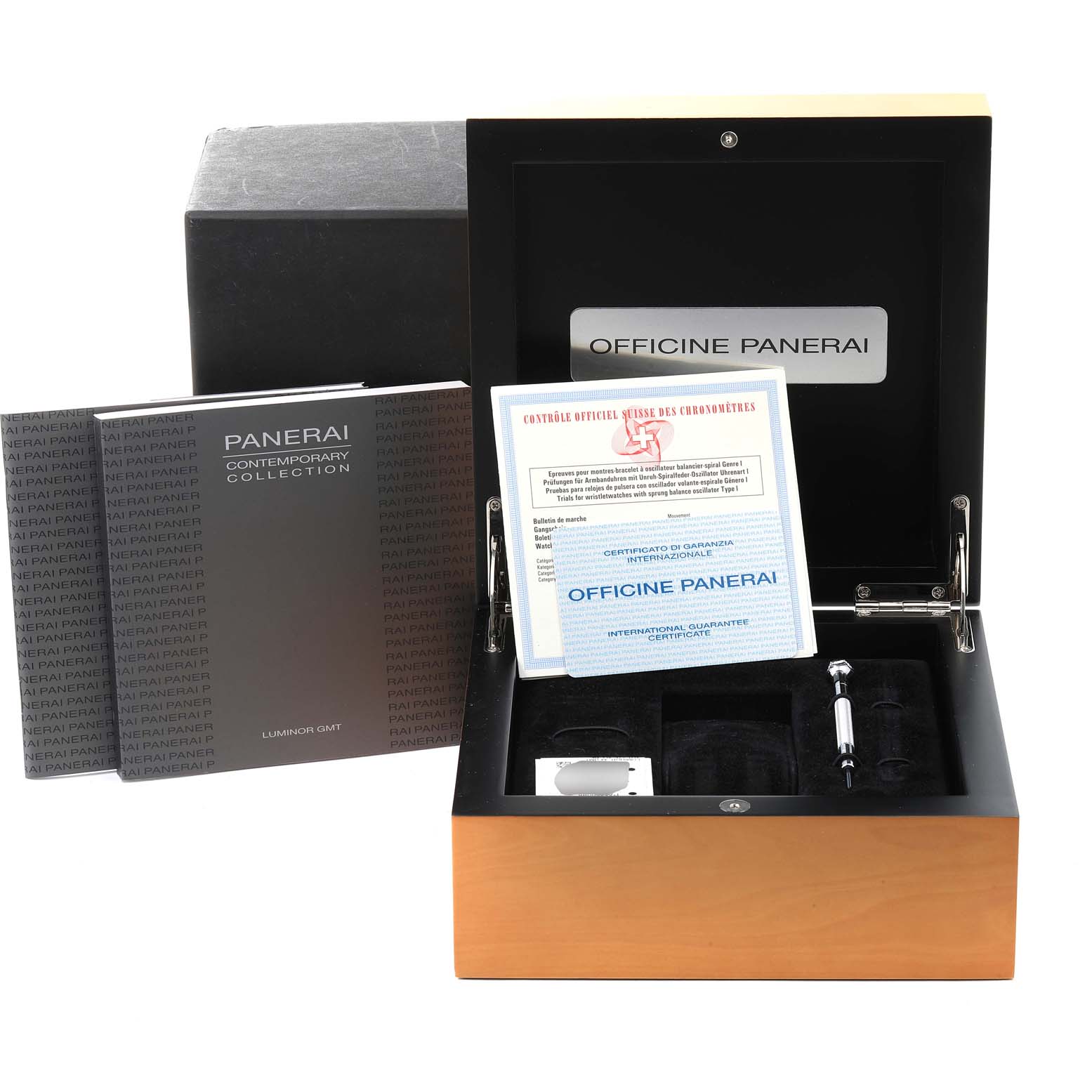 The image shows the packaging and accessories for the Panerai Luminor PAM00088 Men
s Stainless Steel Black Dial PAM00088 Men
s Stainless Steel Black Dial watch, including the box, manuals, and warranty card.