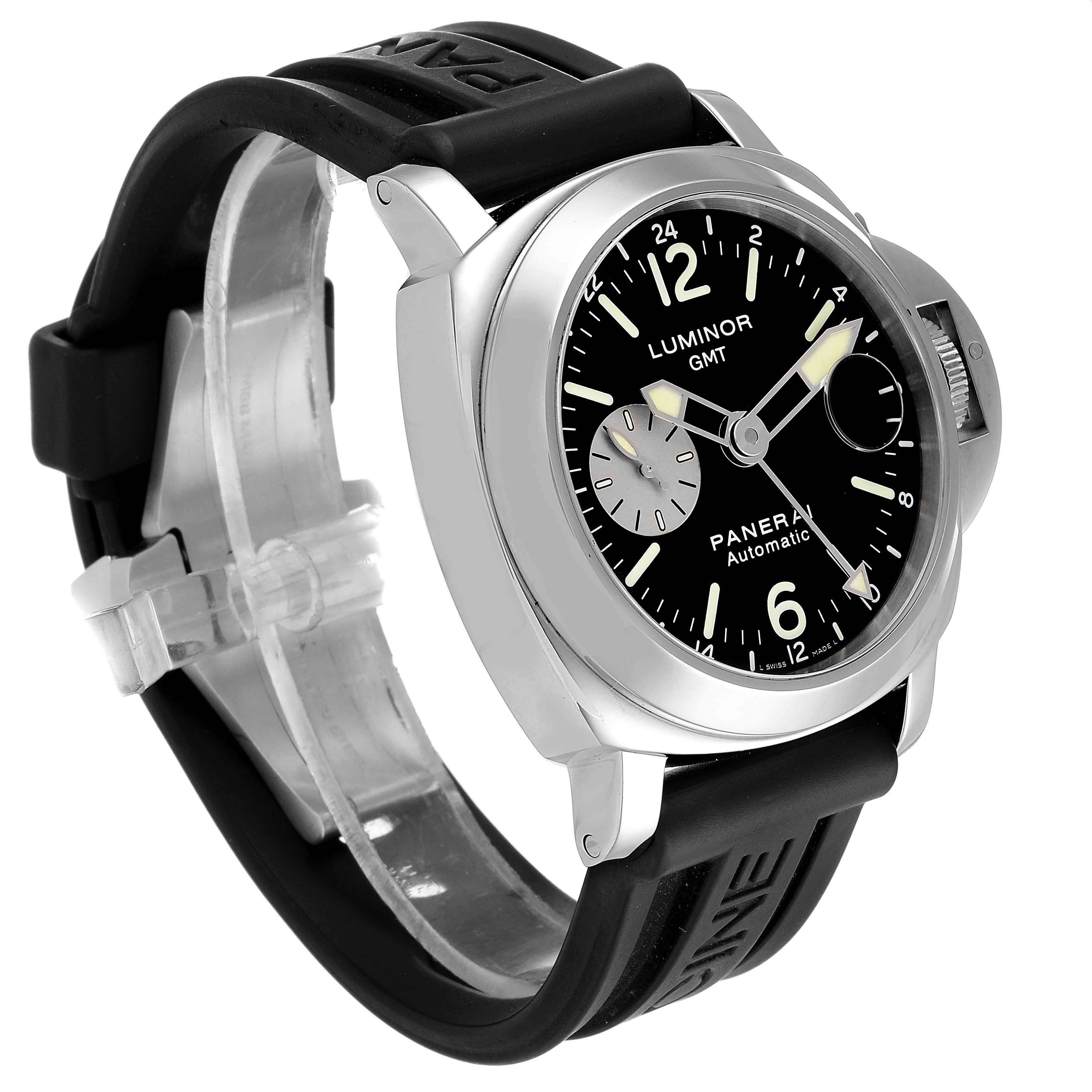 The image shows a Panerai Luminor PAM00088 Men
s Stainless Steel Black Dial PAM00088 Men
s Stainless Steel Black Dial GMT watch from a front-side angle, highlighting its black dial, case, and rubber strap.