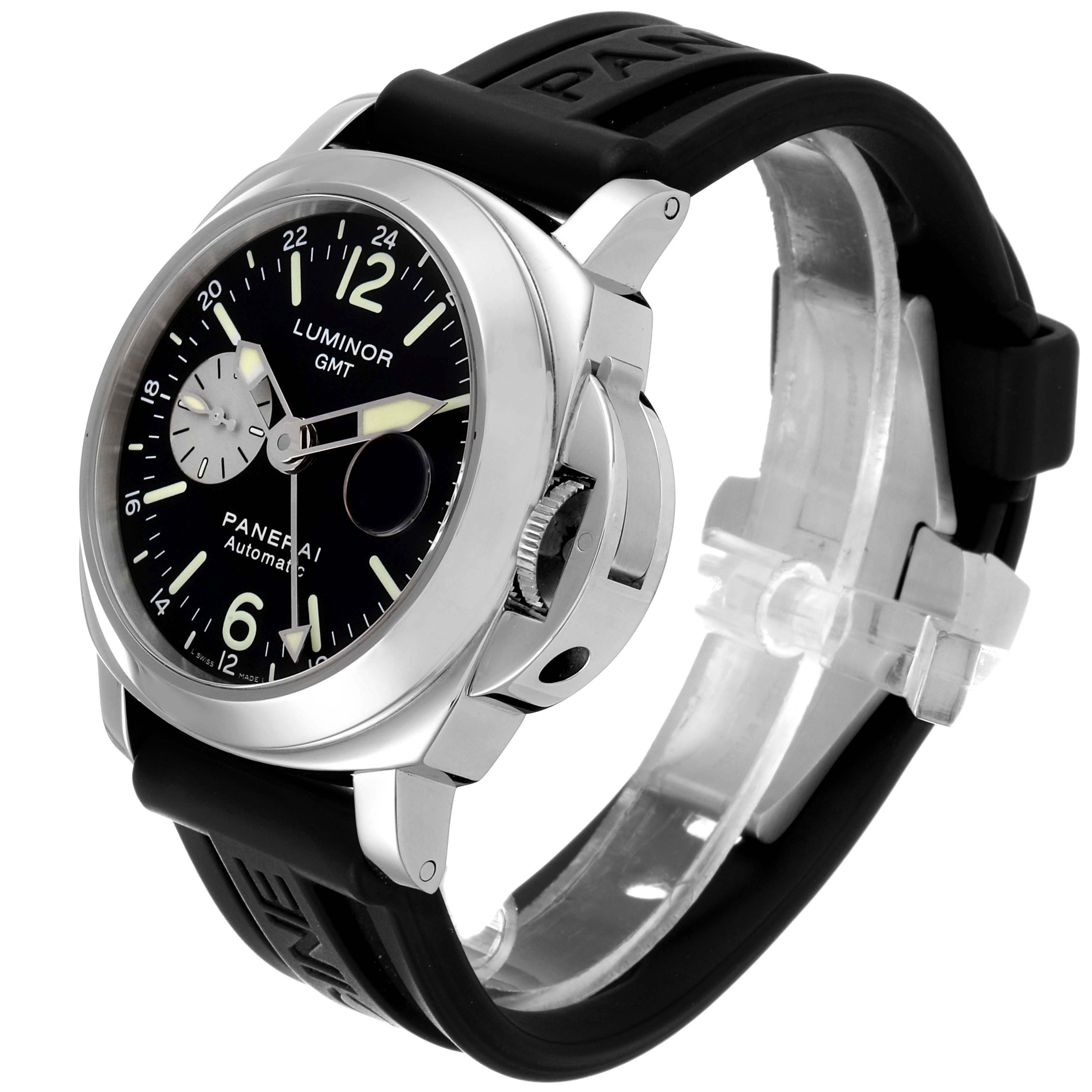 The image shows a Panerai Luminor PAM00088 Men
s Stainless Steel Black Dial PAM00088 Men
s Stainless Steel Black Dial watch at a three-quarter angle, highlighting the face, bezel, and crown guard with a black rubber strap.