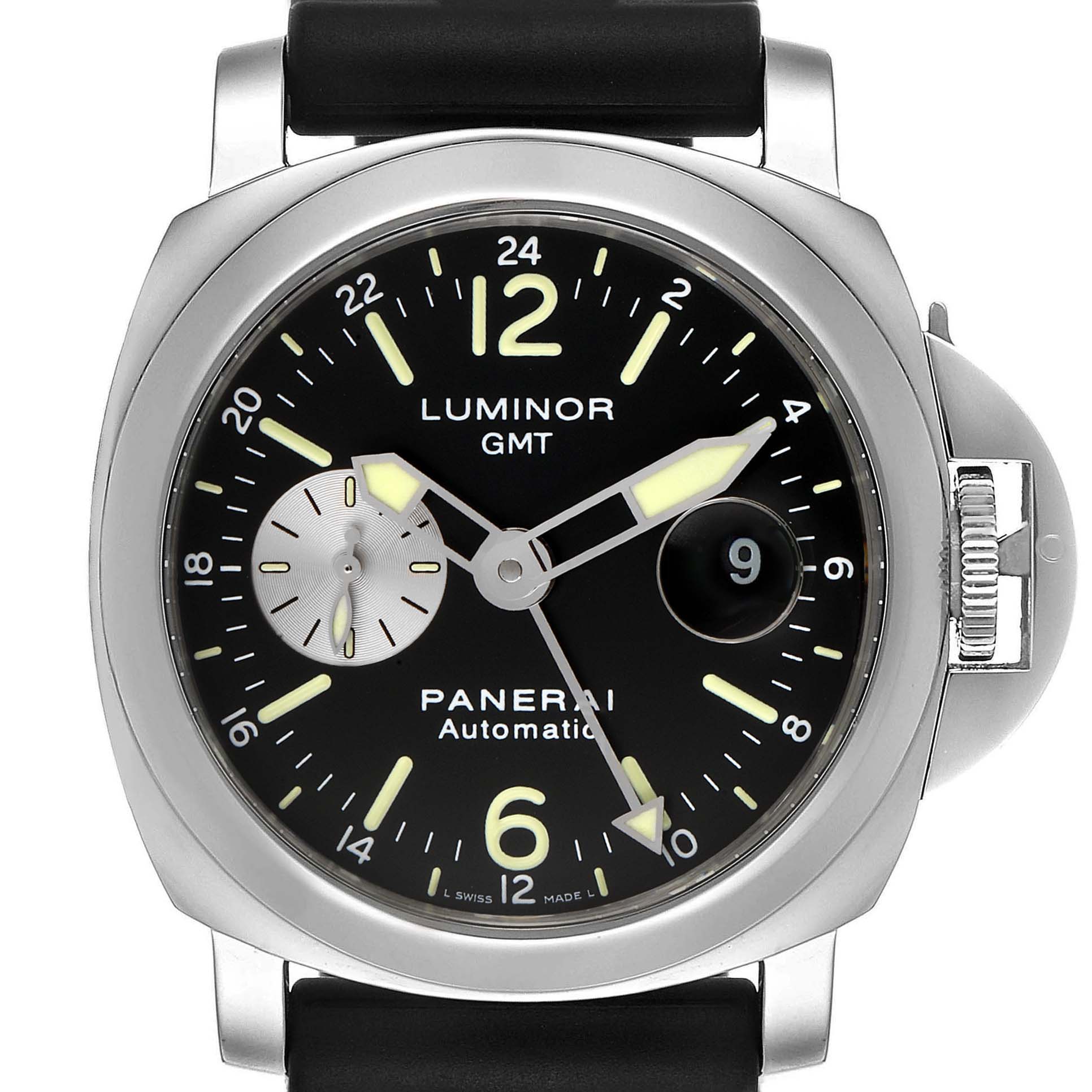 The image shows a front view of a Panerai Luminor PAM00088 Men
s Stainless Steel Black Dial PAM00088 Men
s Stainless Steel Black Dial GMT Automatic watch, highlighting its dial, hands, date window, and crown guard.
