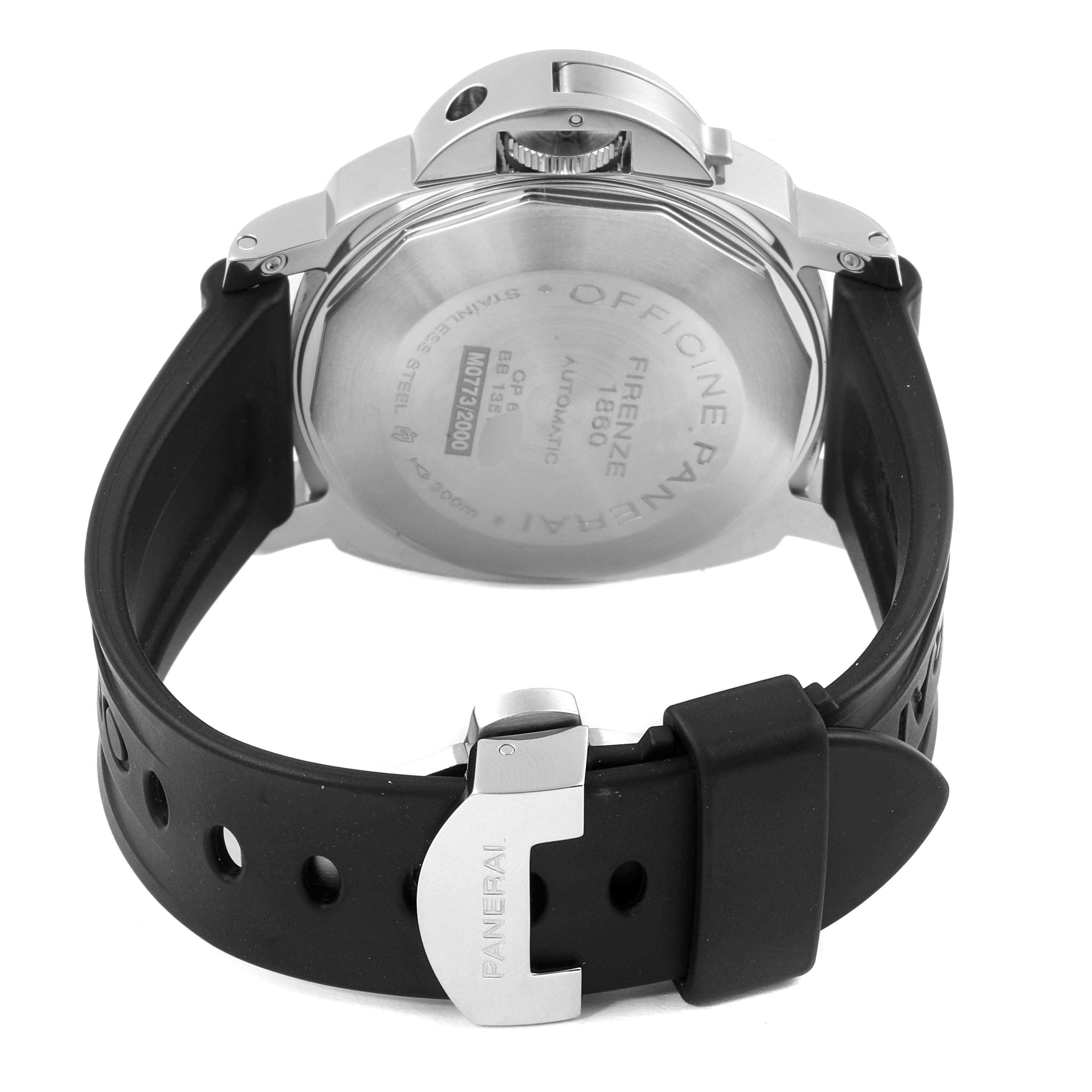 The image shows the back case, crown guard, and strap of a Panerai Luminor PAM00088 Men
s Stainless Steel Black Dial PAM00088 Men
s Stainless Steel Black Dial watch from a rear angle.