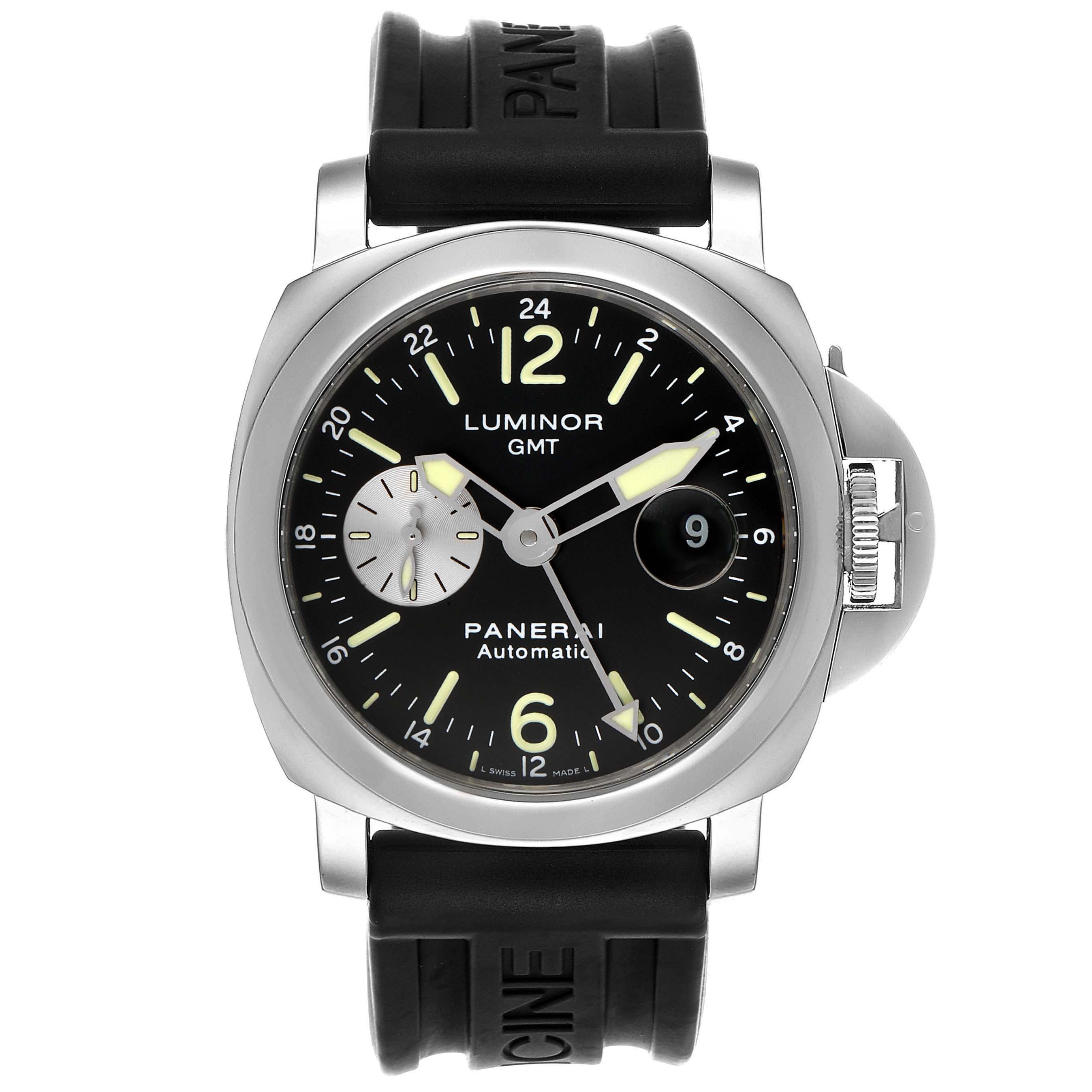 The image shows a front view of the Panerai Luminor PAM00088 Men
s Stainless Steel Black Dial PAM00088 Men
s Stainless Steel Black Dial GMT watch, highlighting its dial, bezel, and rubber strap.