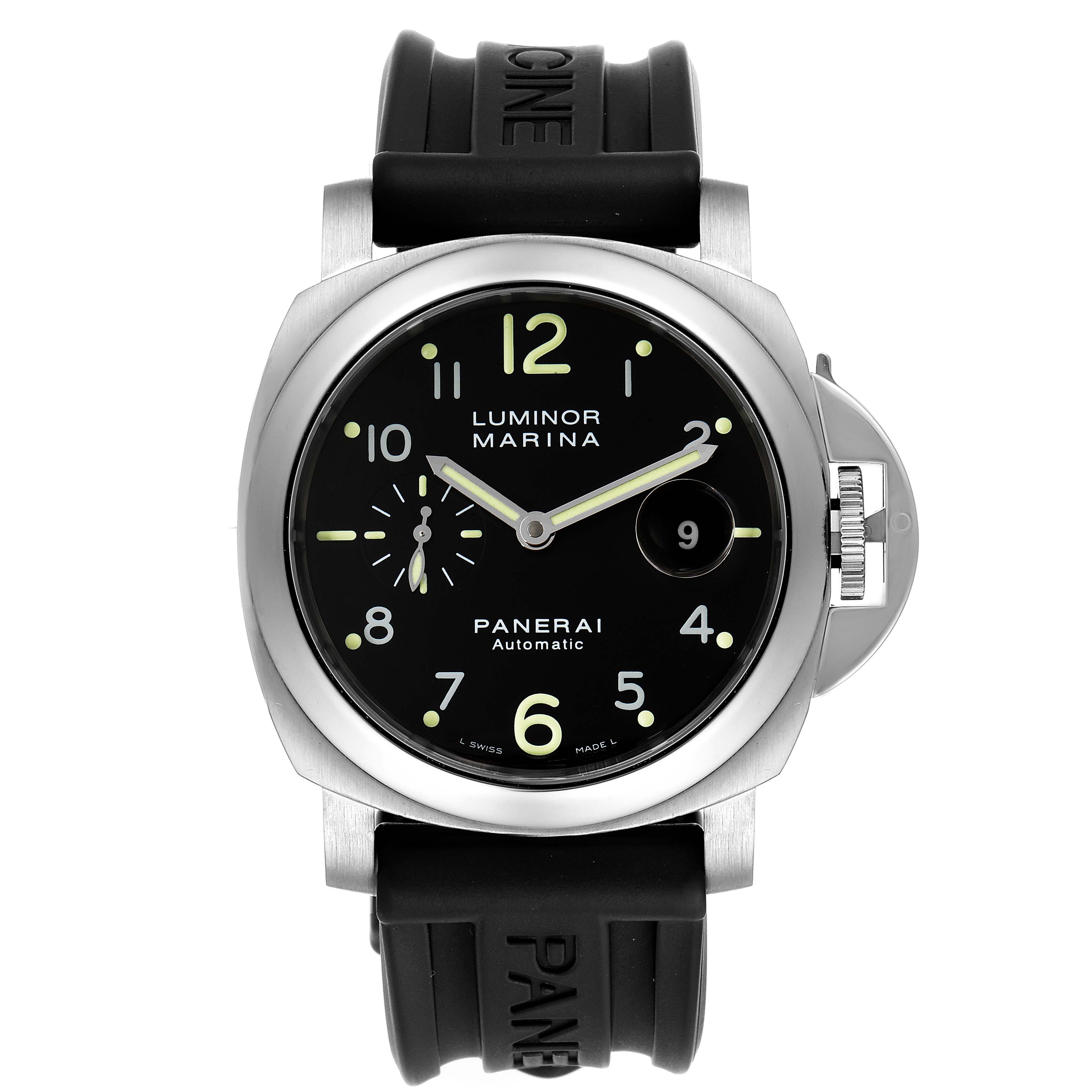 The Panerai Luminor PAM00164 Men's Stainless Steel Black Dial PAM00164 Men's Stainless Steel Black Dial watch is shown from the front, displaying its black dial, large numerals, and rubber strap.