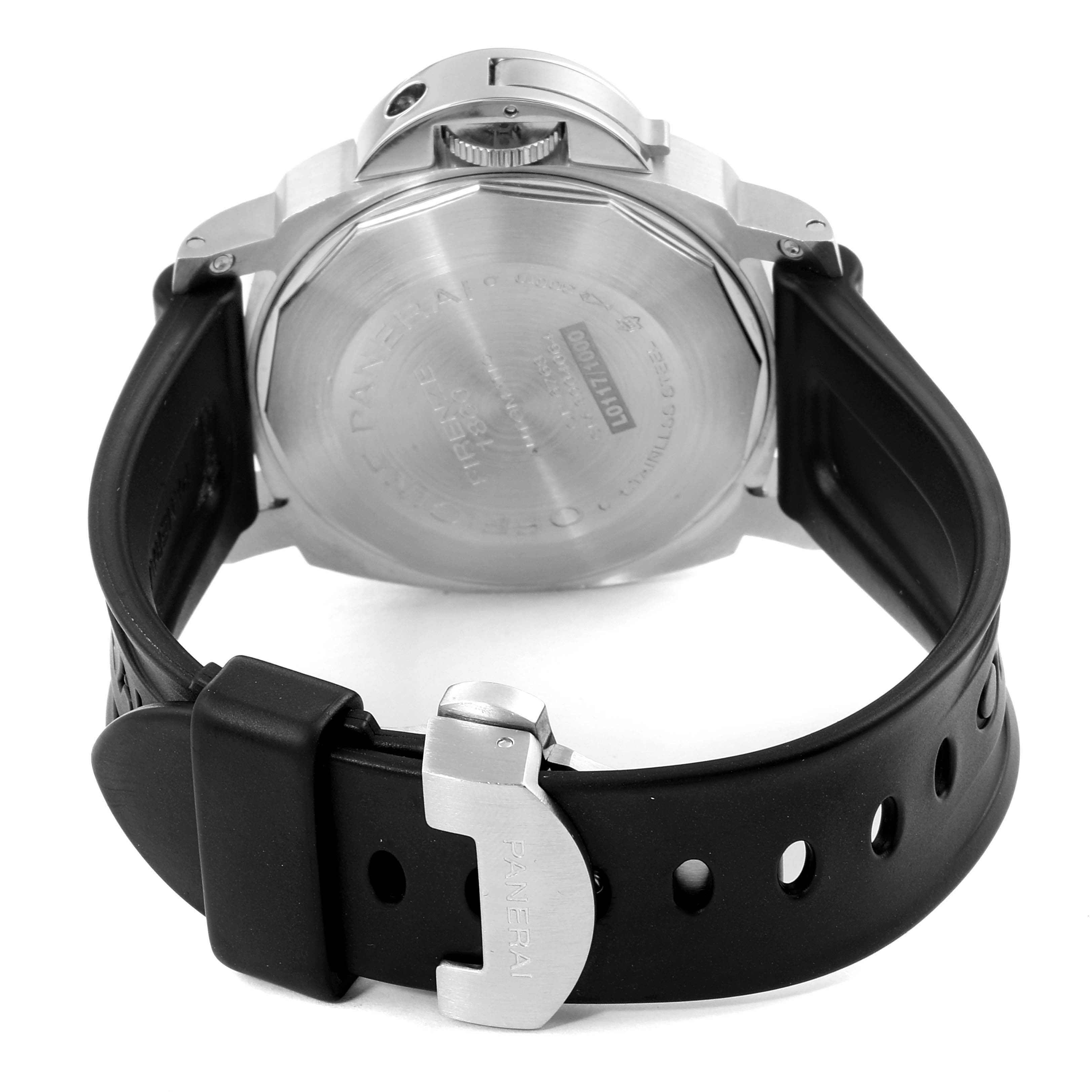 The image shows the back view of a Panerai Luminor PAM00164 Men's Stainless Steel Black Dial PAM00164 Men's Stainless Steel Black Dial watch, highlighting its case back, crown, and black rubber strap with a buckle.