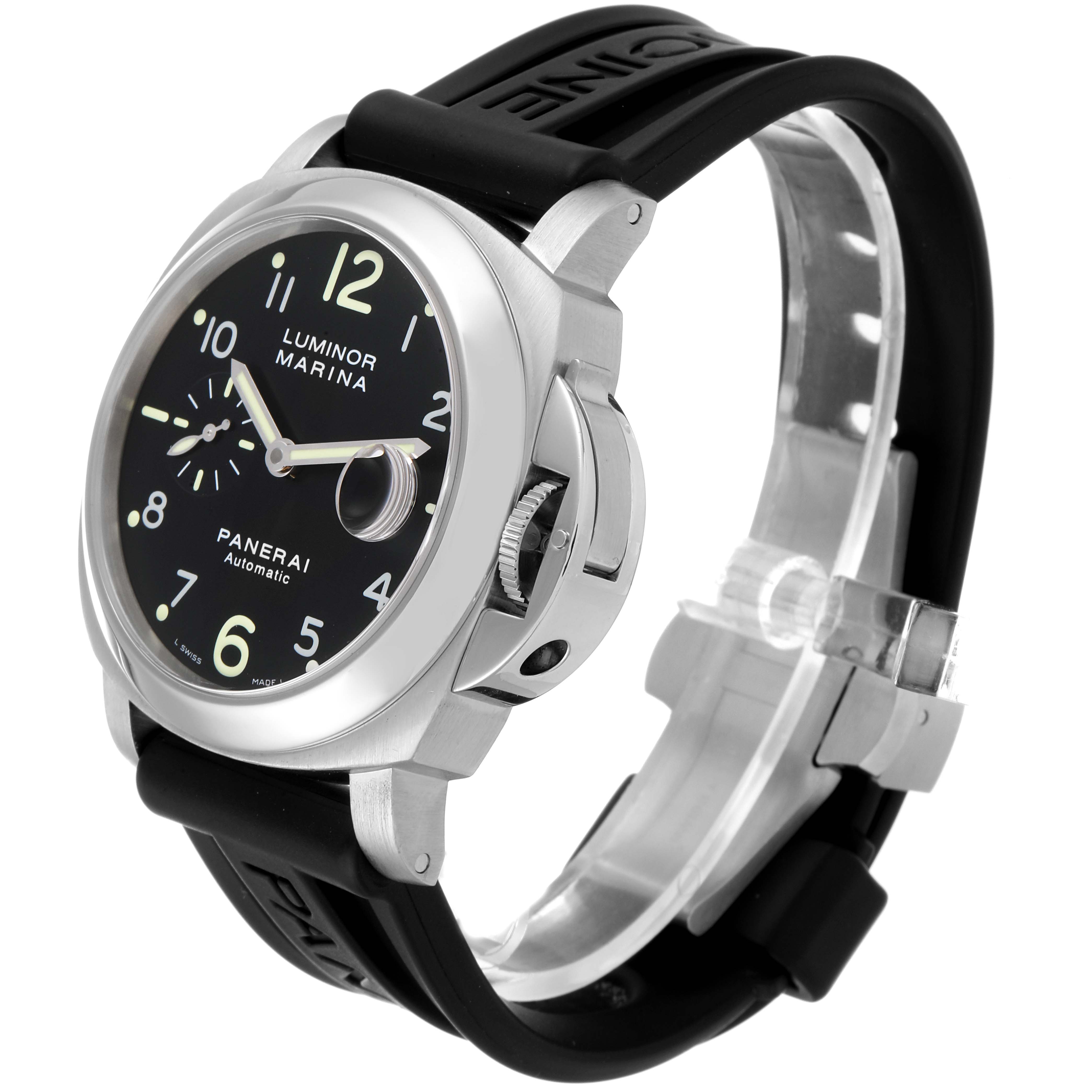 The image shows a Panerai Luminor PAM00164 Men's Stainless Steel Black Dial PAM00164 Men's Stainless Steel Black Dial model watch at a three-quarter angle, highlighting the face, case, and rubber strap.