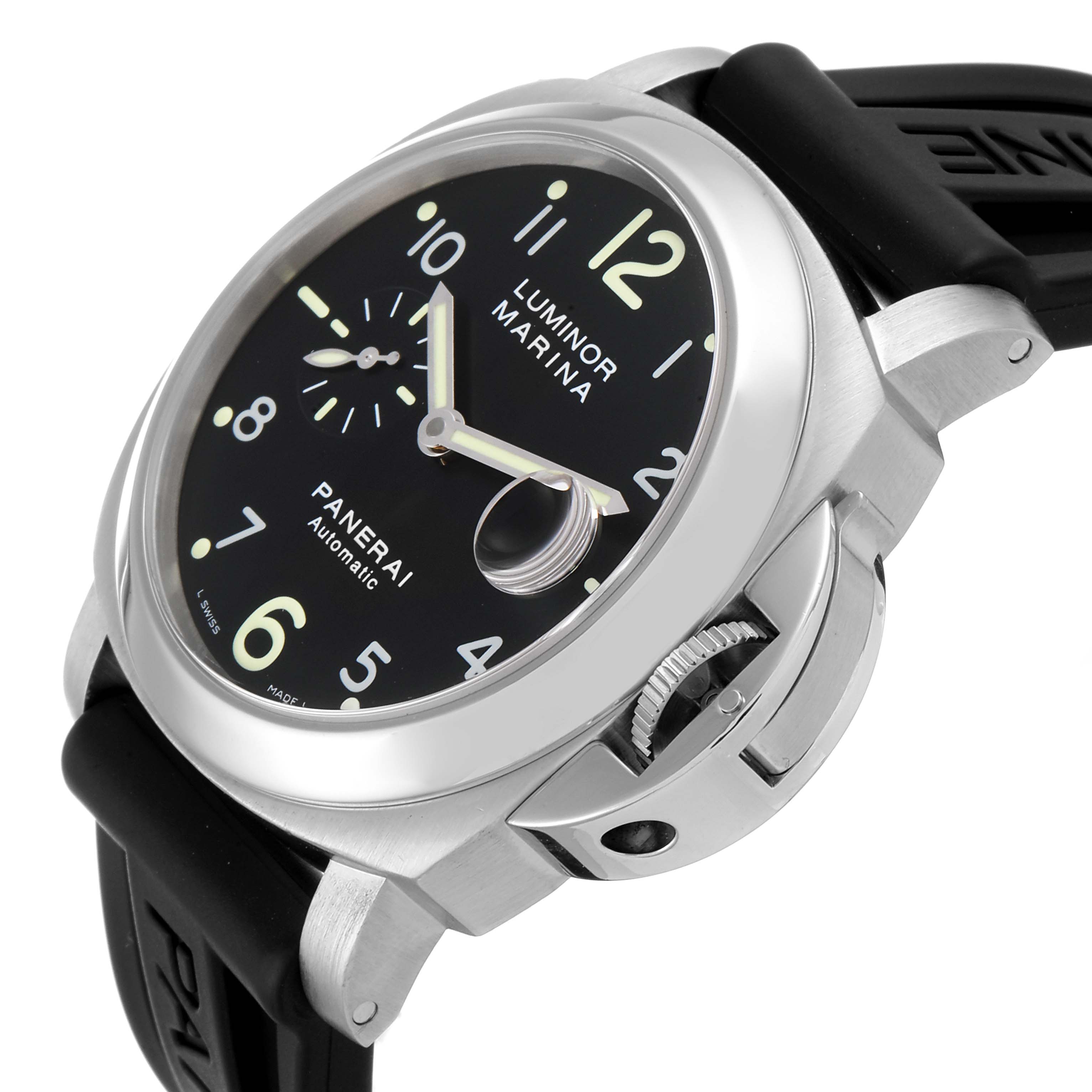 The image shows a Panerai Luminor PAM00164 Men's Stainless Steel Black Dial PAM00164 Men's Stainless Steel Black Dial Marina watch at an angle highlighting its dial, crown guard, and black rubber strap.